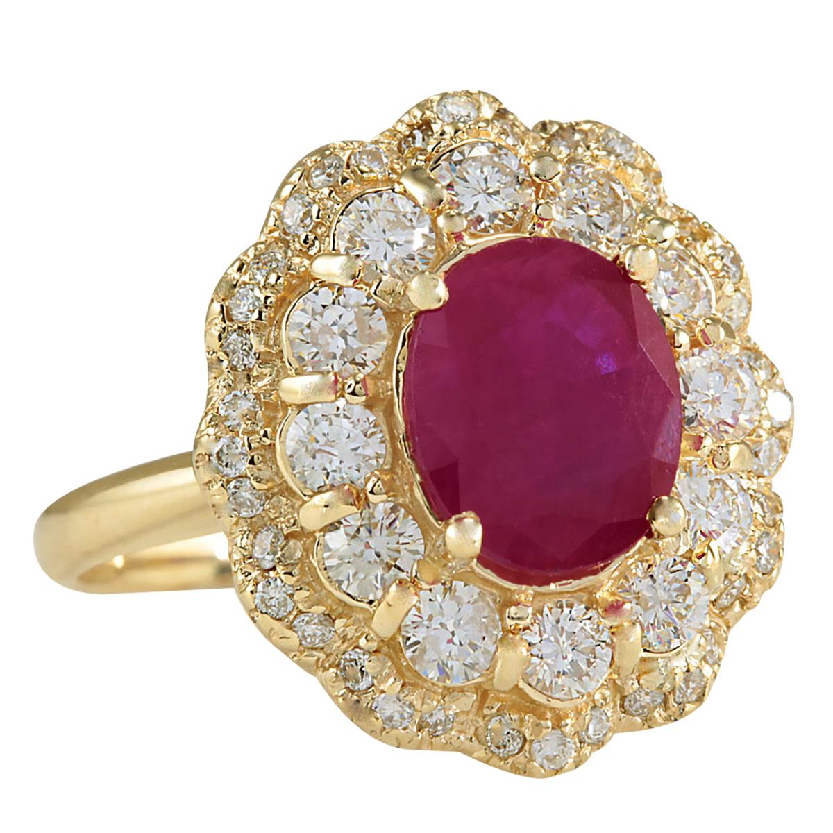 Stamped: 14K Yellow Gold
Total Ring Weight: 7.0 Grams
Total Natural Ruby Weight is 2.75 Carat (Measures: 9.00x7.00 mm)
Color: Red
Total Natural Diamond Weight is 1.30 Carat
Color: F-G, Clarity: VS2-SI1
Face Measures: 19.60x17.50 mm
Sku: [702134W]