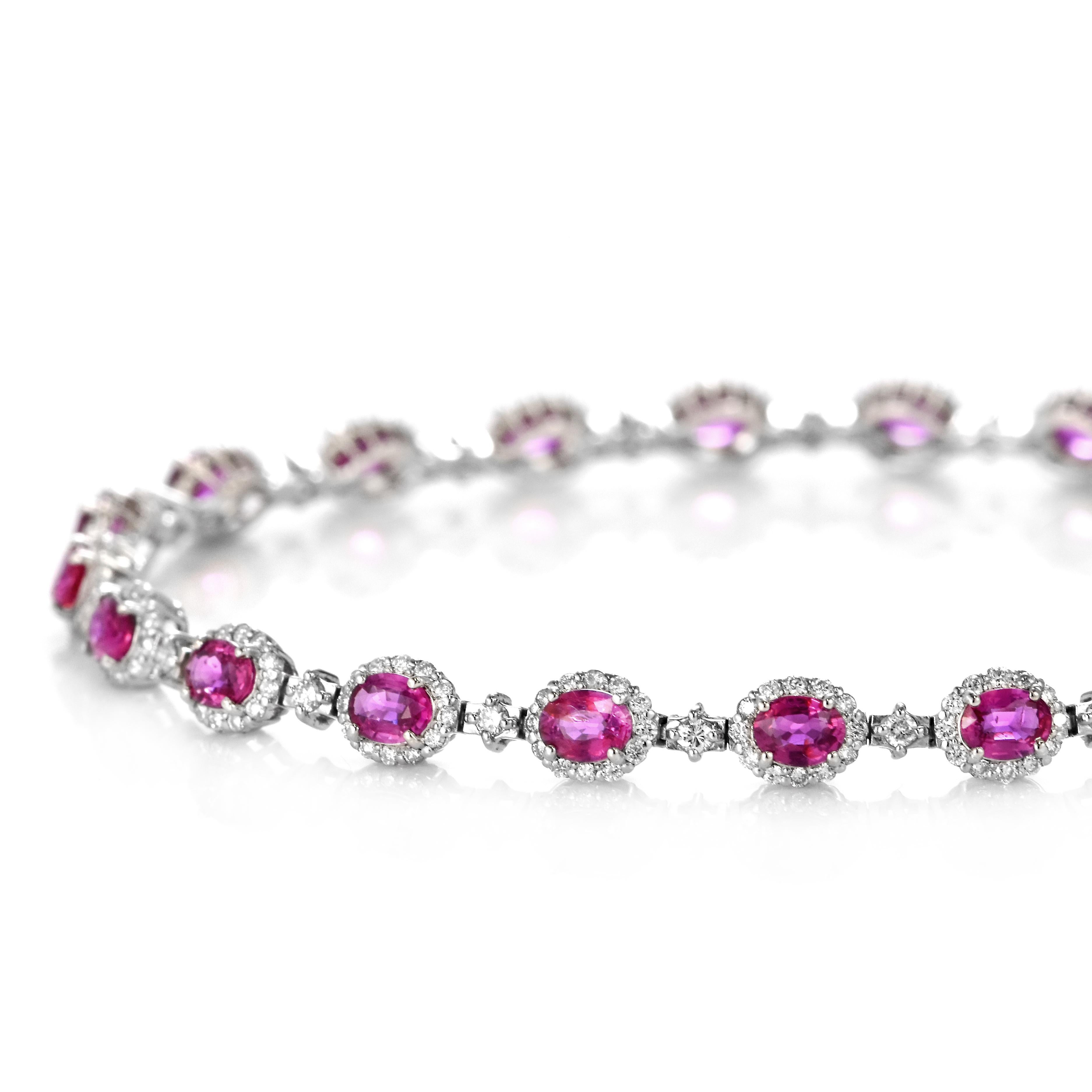 A beautiful bracelet set in platinum featuring a total of 4.05 Carats of untreated (unheated) Rubies and 1.18 Carat Diamonds. Rubies are referred to as 