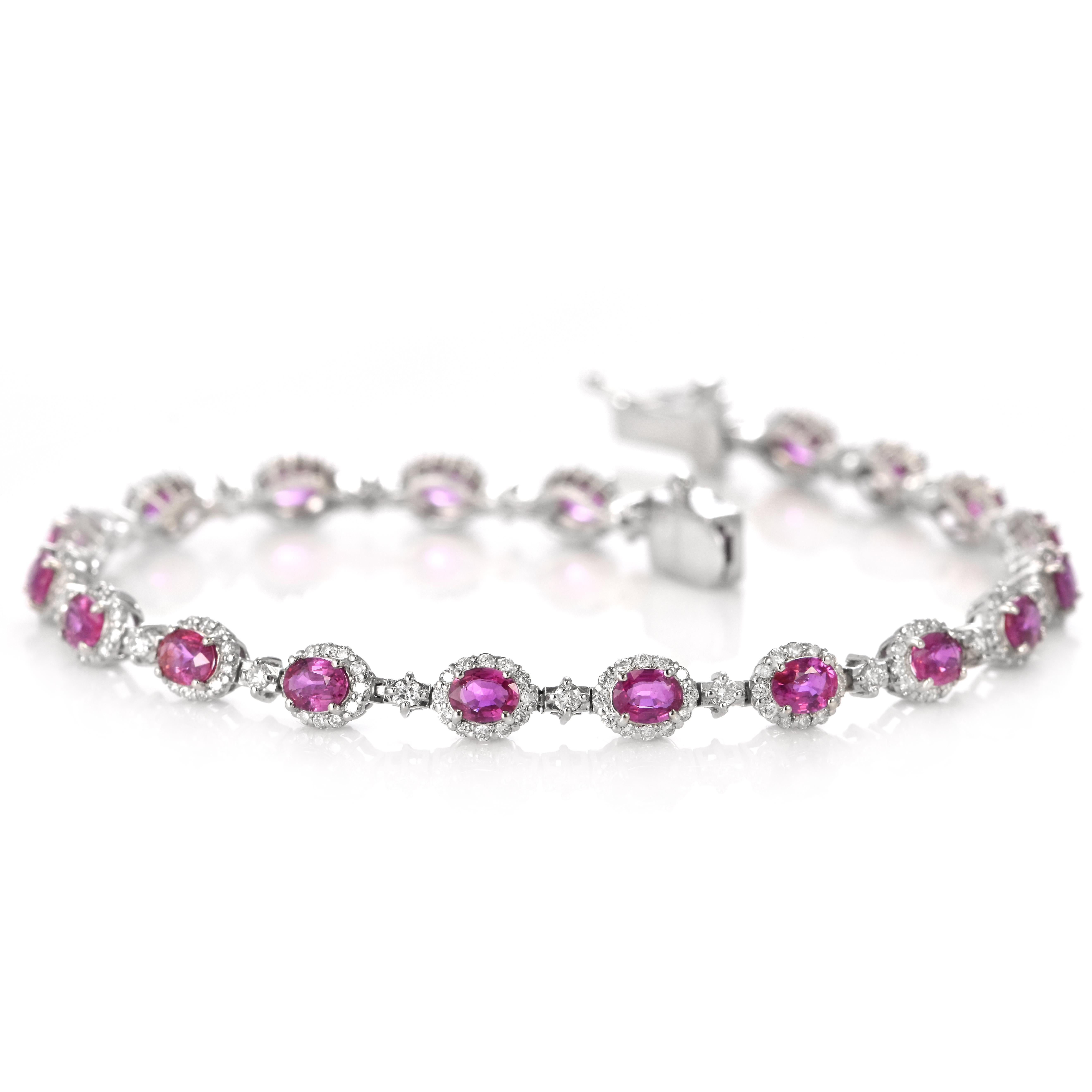 Modern 4.05 Carat Natural Unheated Rubies and Diamonds Tennis Bracelet Made in Platinum For Sale