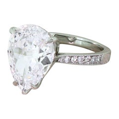 Antique 4.05 Carat Old Pear Cut Diamond Platinum Solitaire Ring