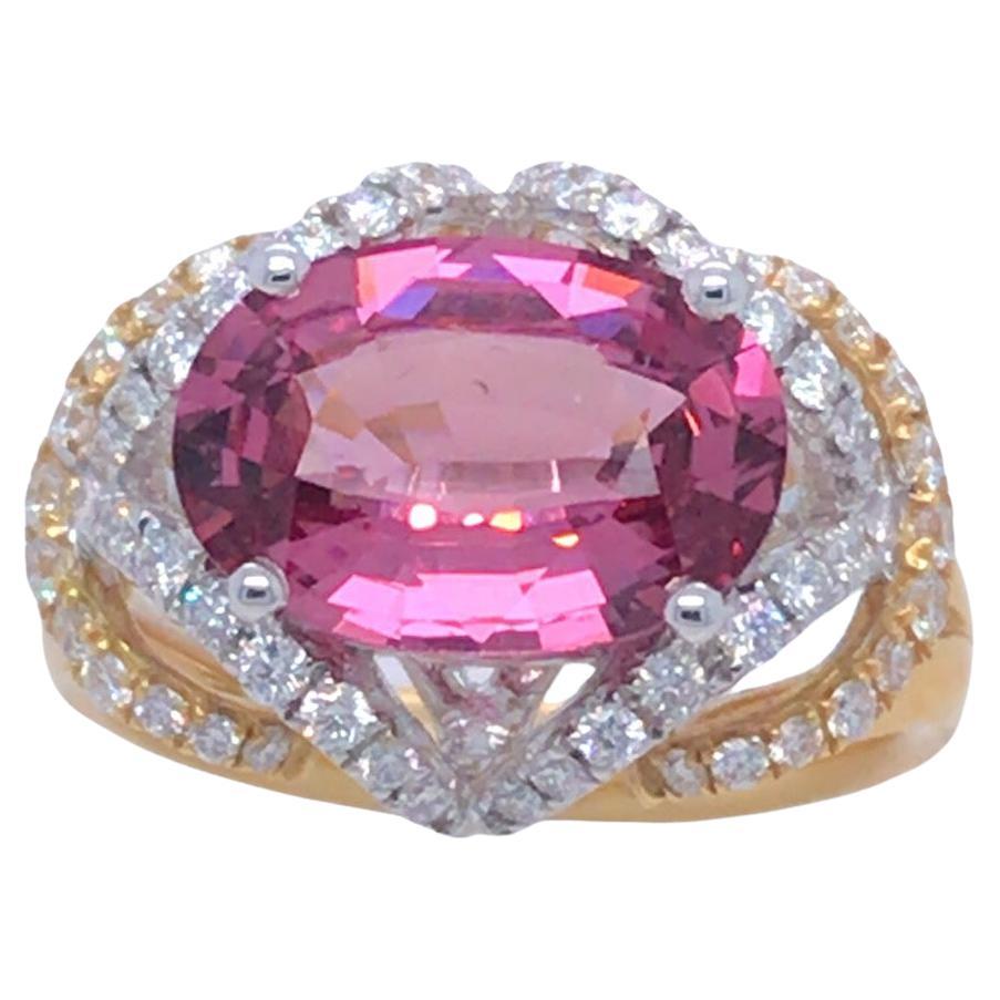 4.05 Carat Oval Cut Peach Garnet and Diamond Ring in 18k Yellow and White Gold