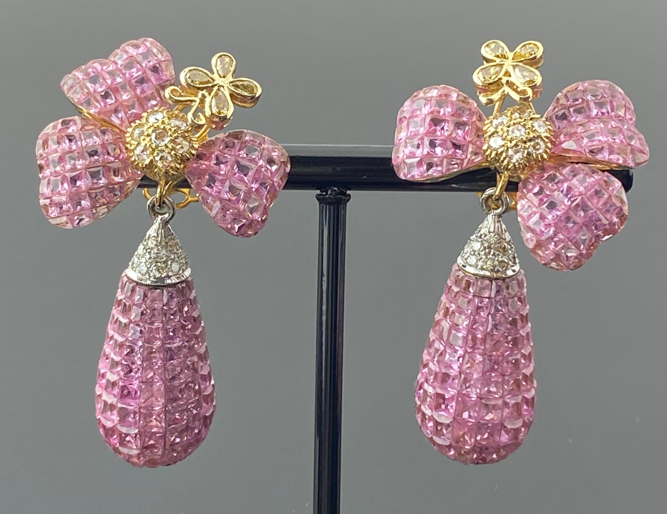 Art Deco 40.5 Carat Pink Sapphire and 1.1 Carat Diamond Drop Earrings For Sale