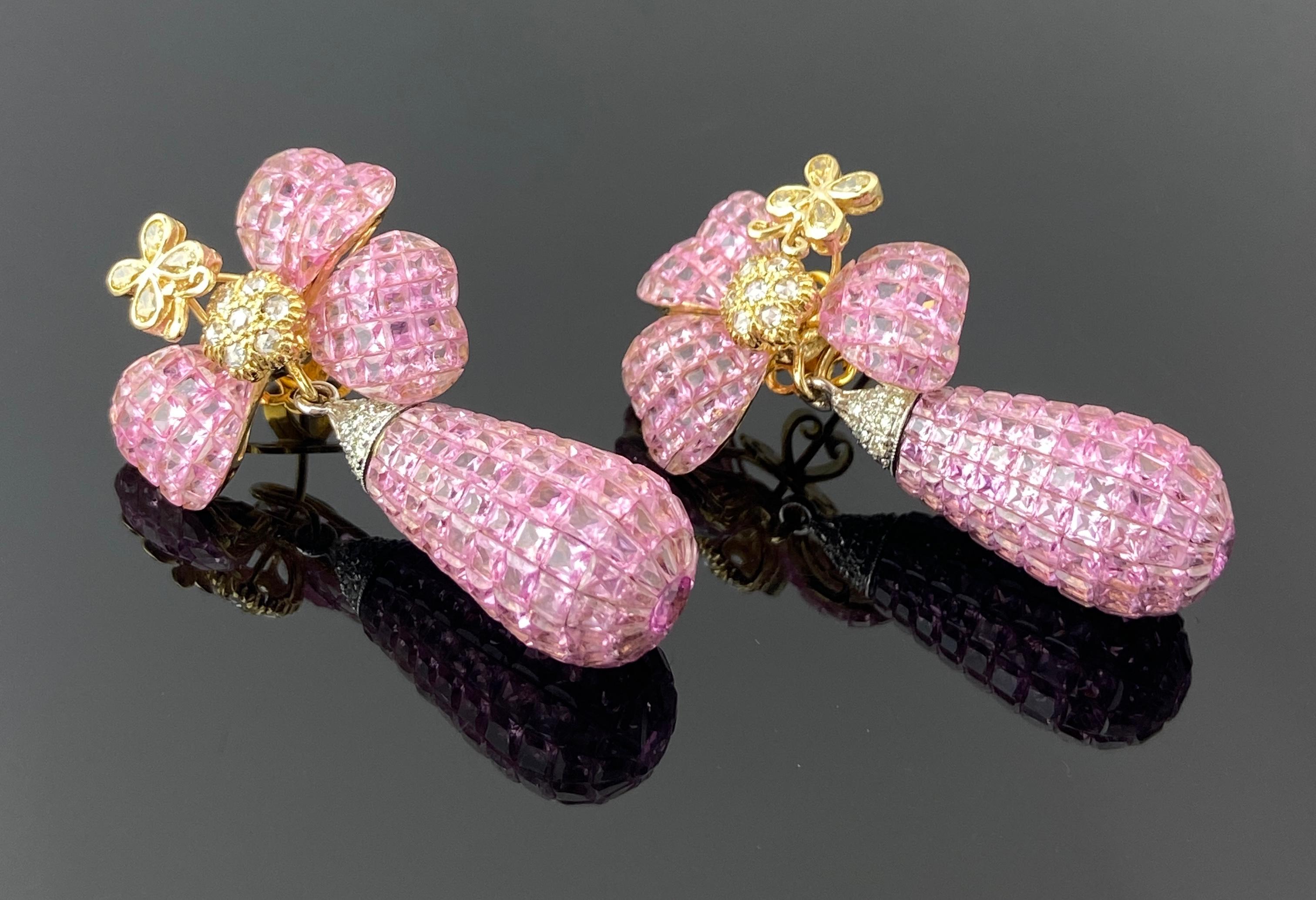 Princess Cut 40.5 Carat Pink Sapphire and 1.1 Carat Diamond Drop Earrings For Sale