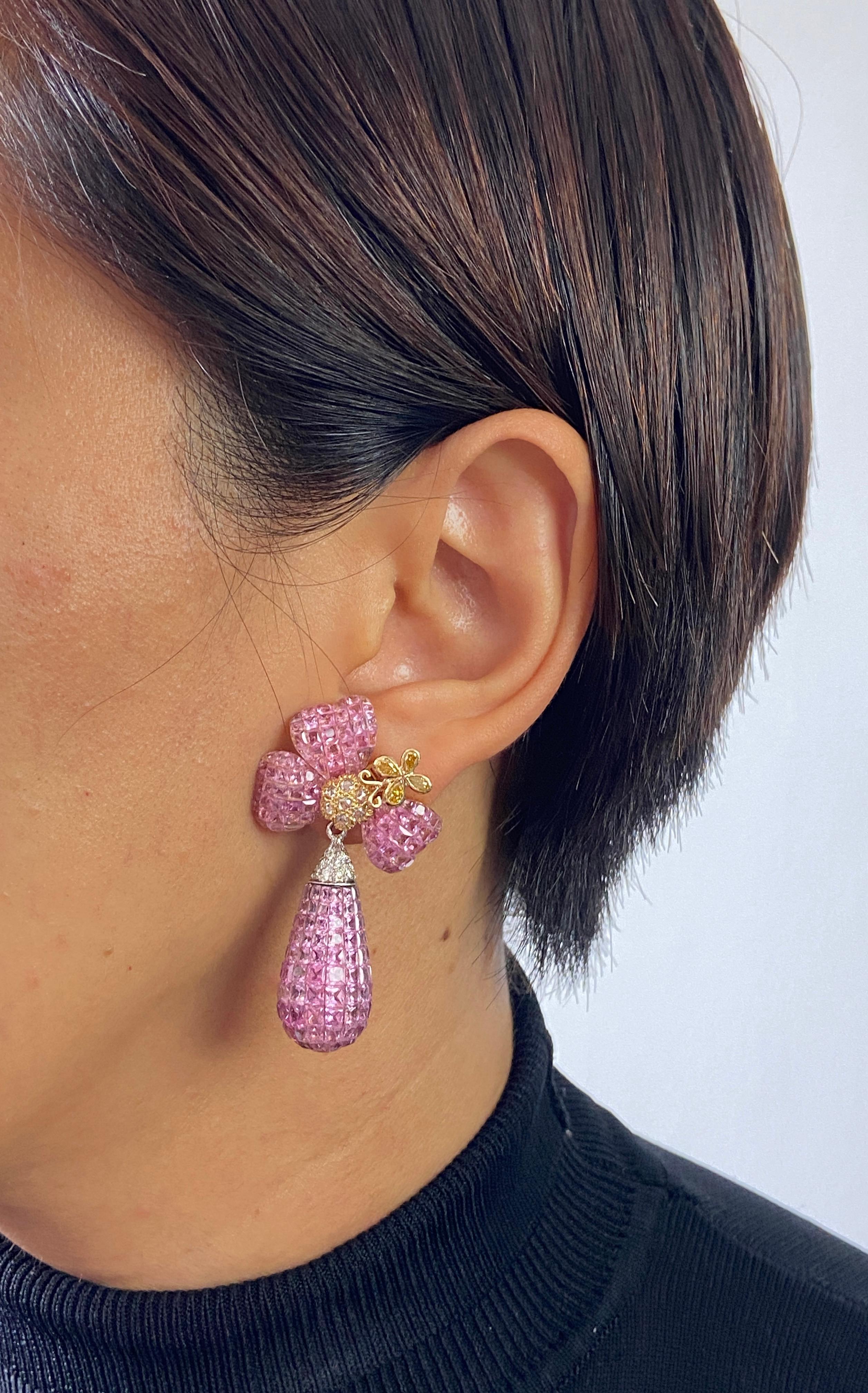 Women's 40.5 Carat Pink Sapphire and 1.1 Carat Diamond Drop Earrings For Sale