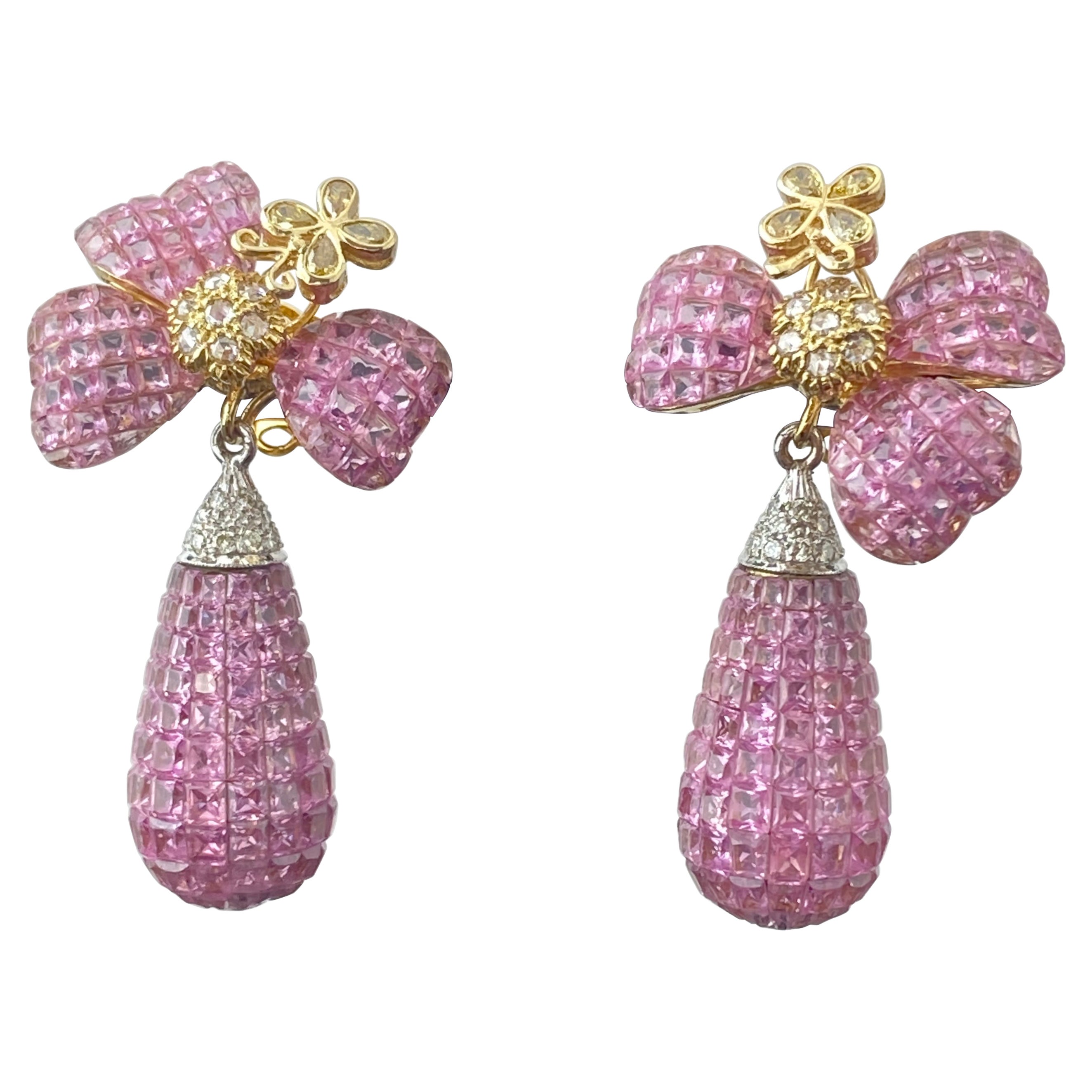 40.5 Carat Pink Sapphire and 1.1 Carat Diamond Drop Earrings For Sale