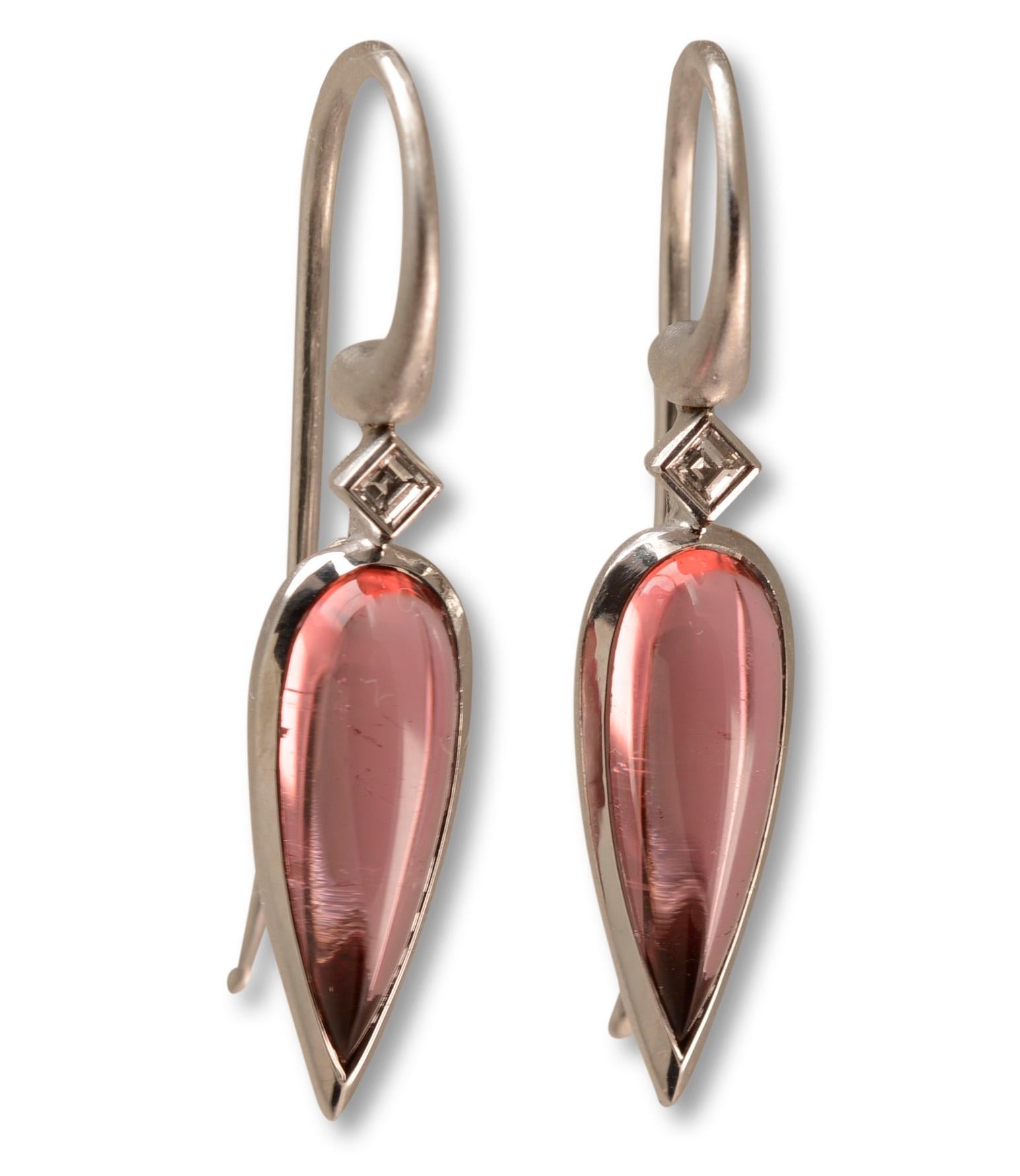 Modern 4.05 Carat Pink Tourmaline and Diamond Drop Earrings in 18 Karat White Gold For Sale