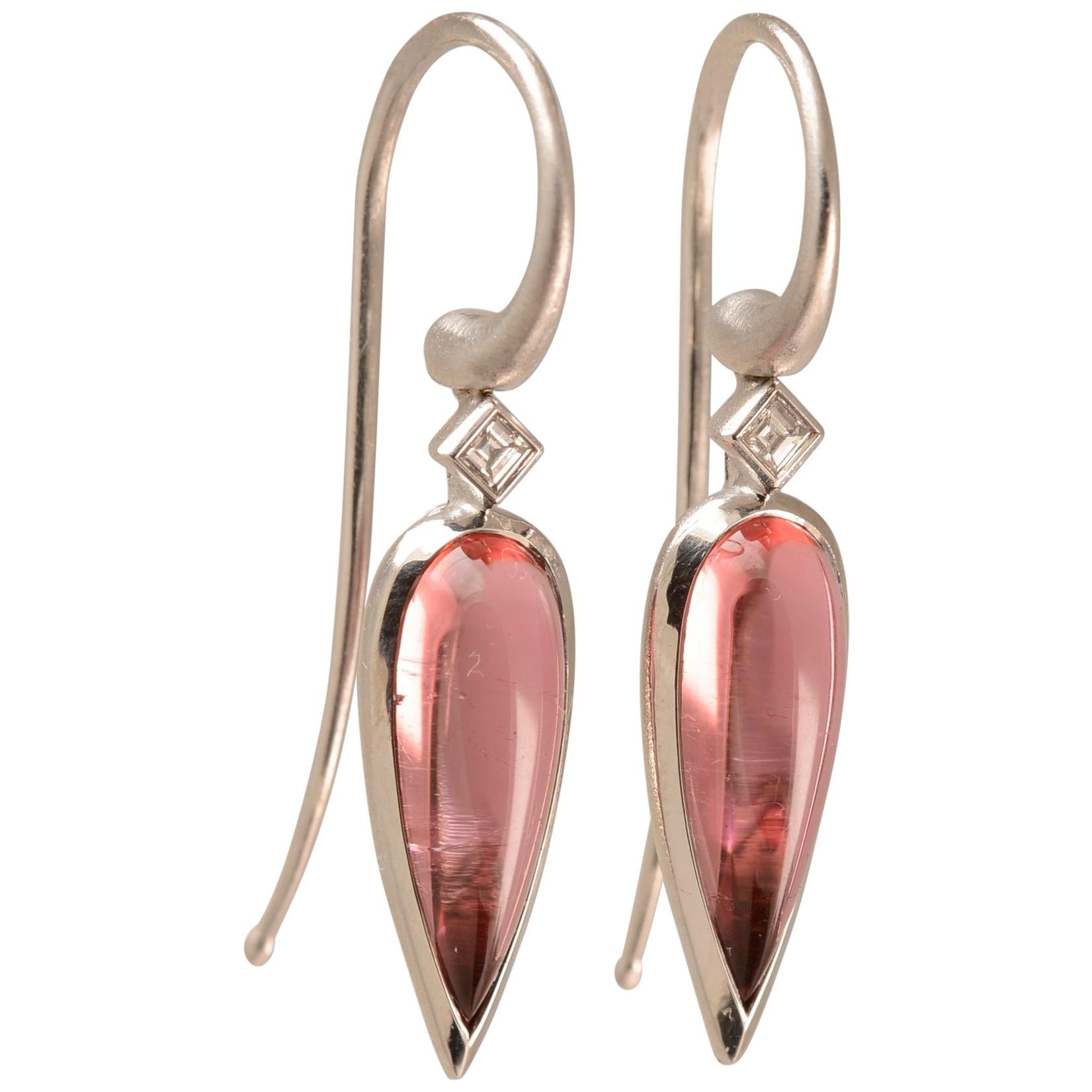 4.05 Carat Pink Tourmaline and Diamond Drop Earrings in 18 Karat White Gold For Sale