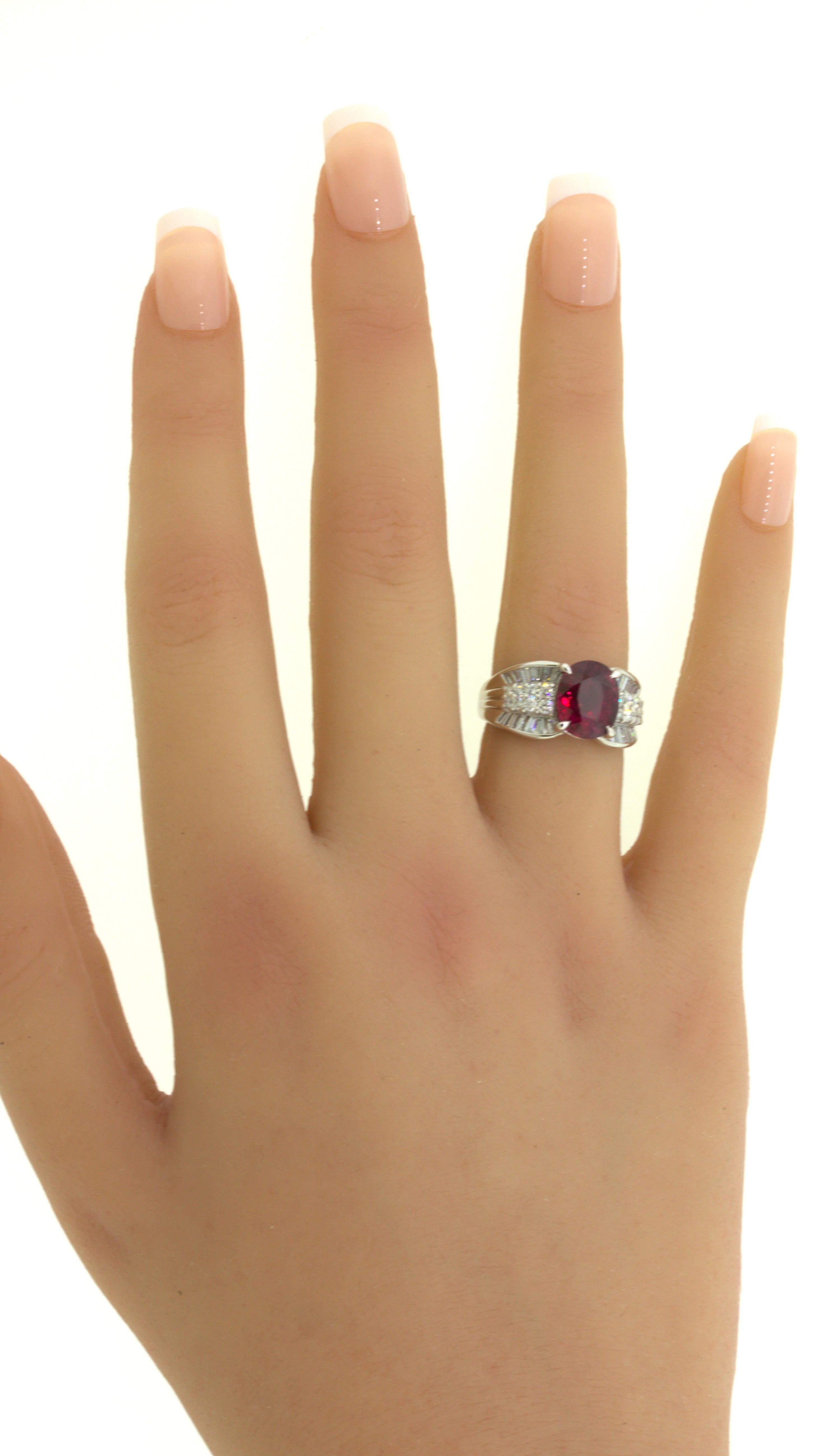 4.05 Carat Ruby Diamond Platinum Ring, GIA Certified For Sale 7