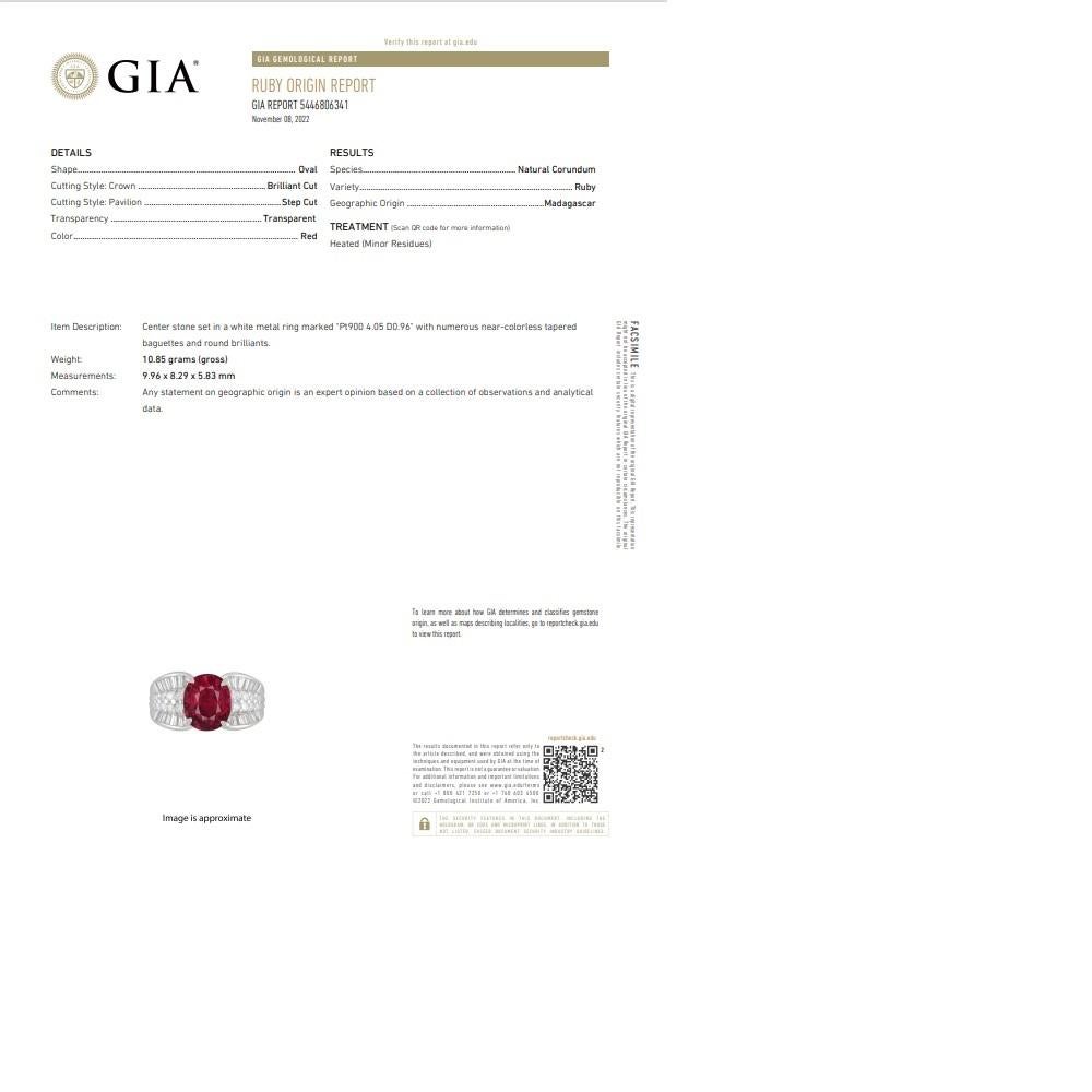 4.05 Carat Ruby Diamond Platinum Ring, GIA Certified For Sale 8