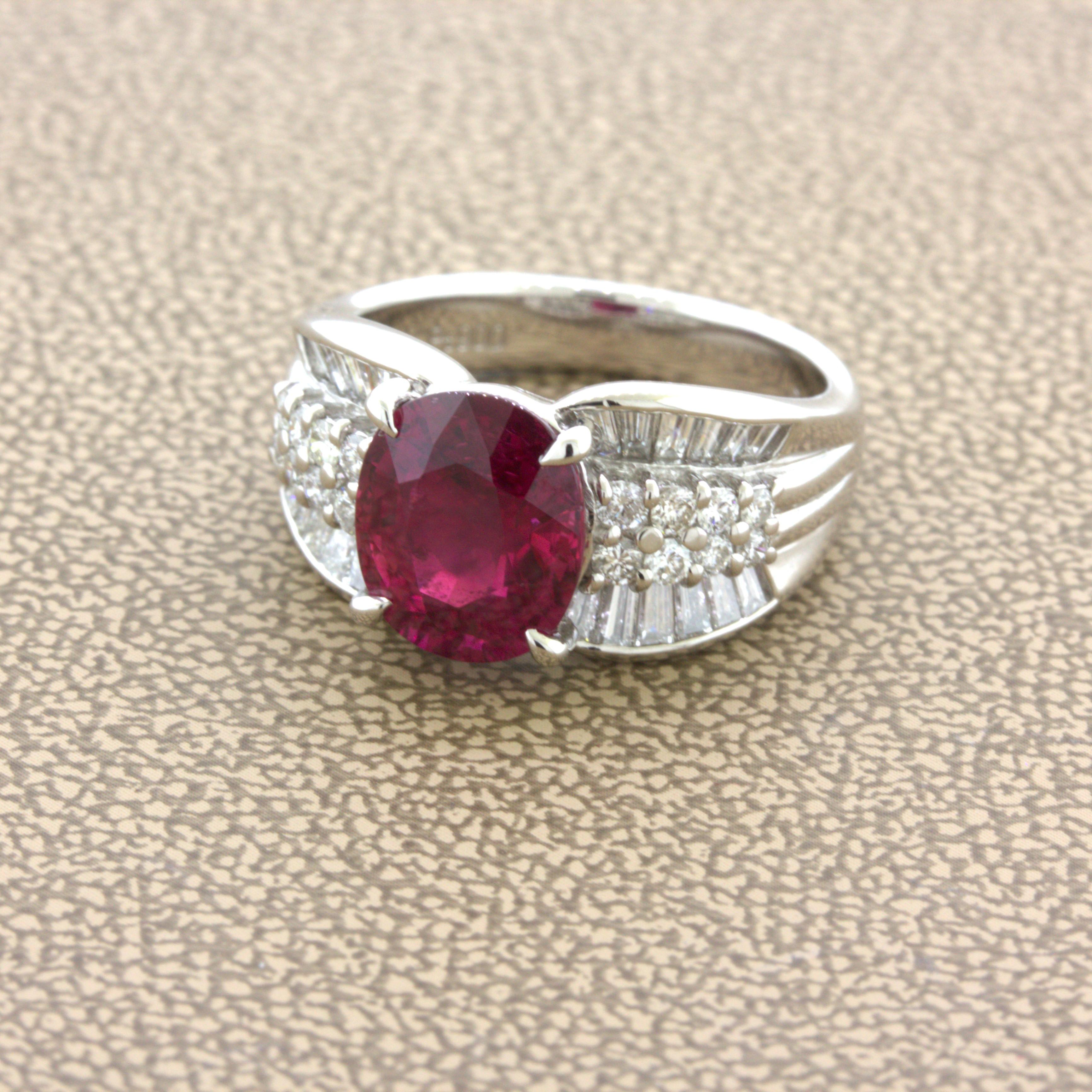 Oval Cut 4.05 Carat Ruby Diamond Platinum Ring, GIA Certified For Sale