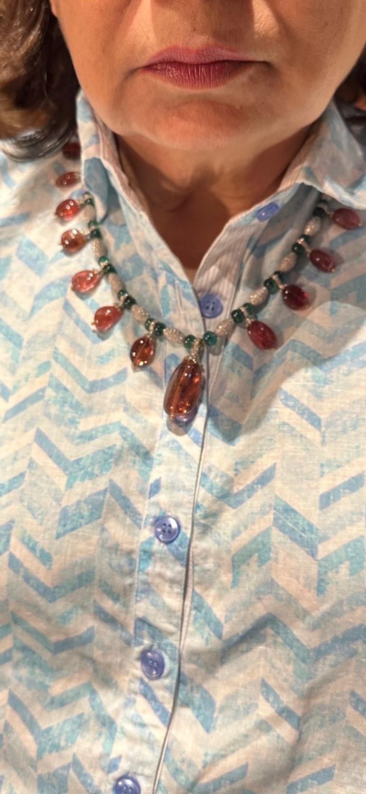 405 carats 14k Gold Emerald tourmaline Diamond Necklace For Sale 4