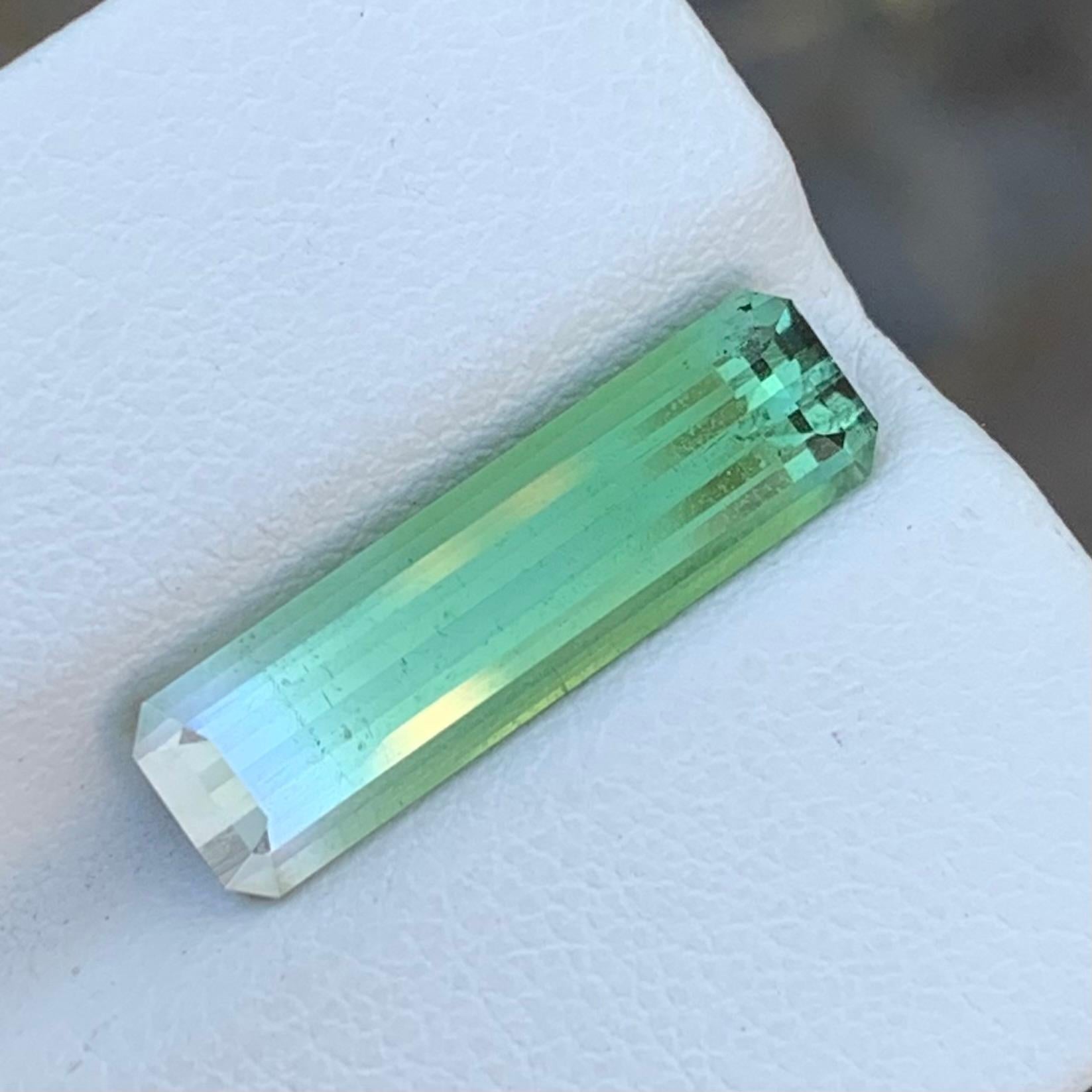 Loser zweifarbiger Turmalin 
Gewicht: 4,05 Karat 
Abmessungen: 19 x 5,4 x 4,3 mm
Herkunft: Afghanistan 
Farbe: Mintgrün und Weiß 
Behandlung: Nicht 
Zertifikat: Auf Anfrage 
Form: Langer Smaragd 

Der zweifarbige Turmalin ist ein fesselnder