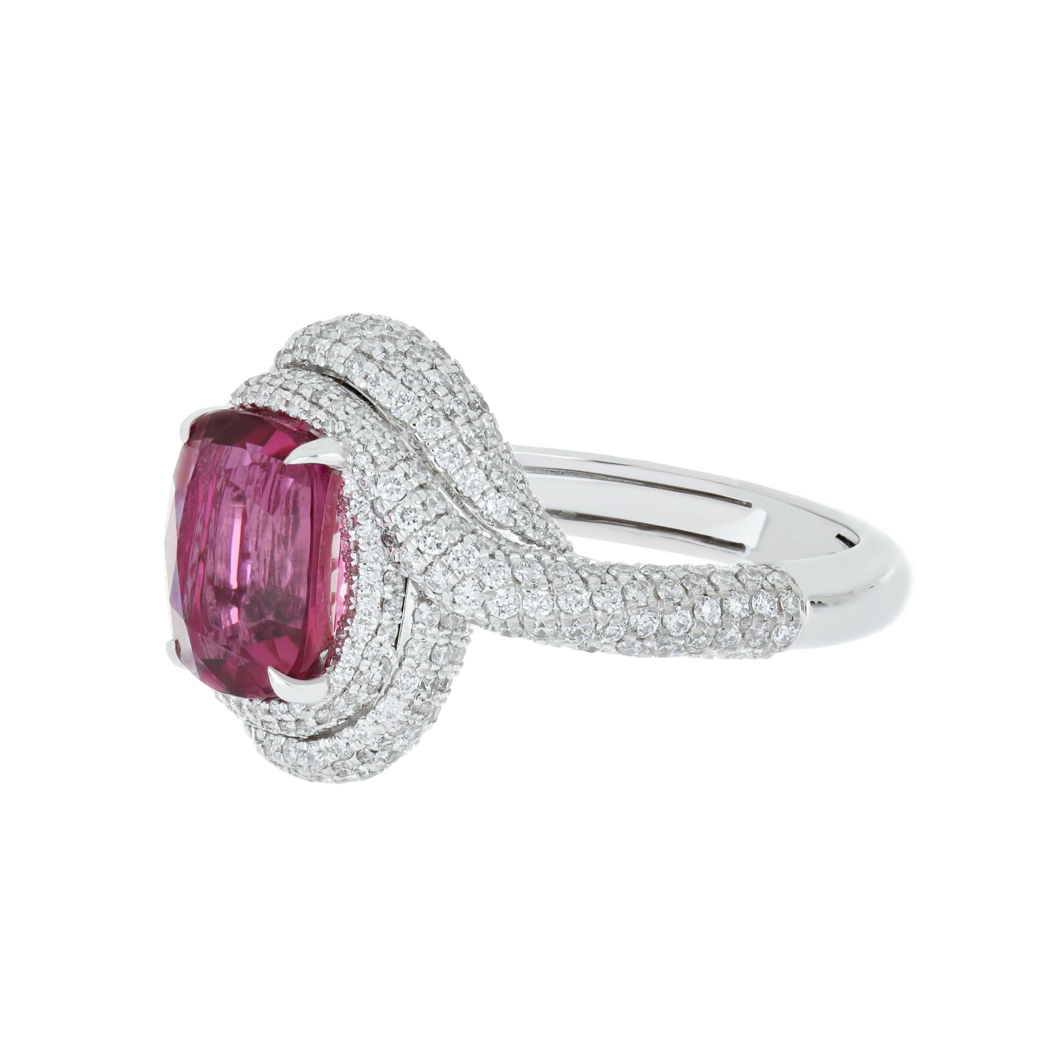 Cushion Cut 4.05 Carats Rubellite and Diamond Studded Ring in 18K White Gold Ring For Sale
