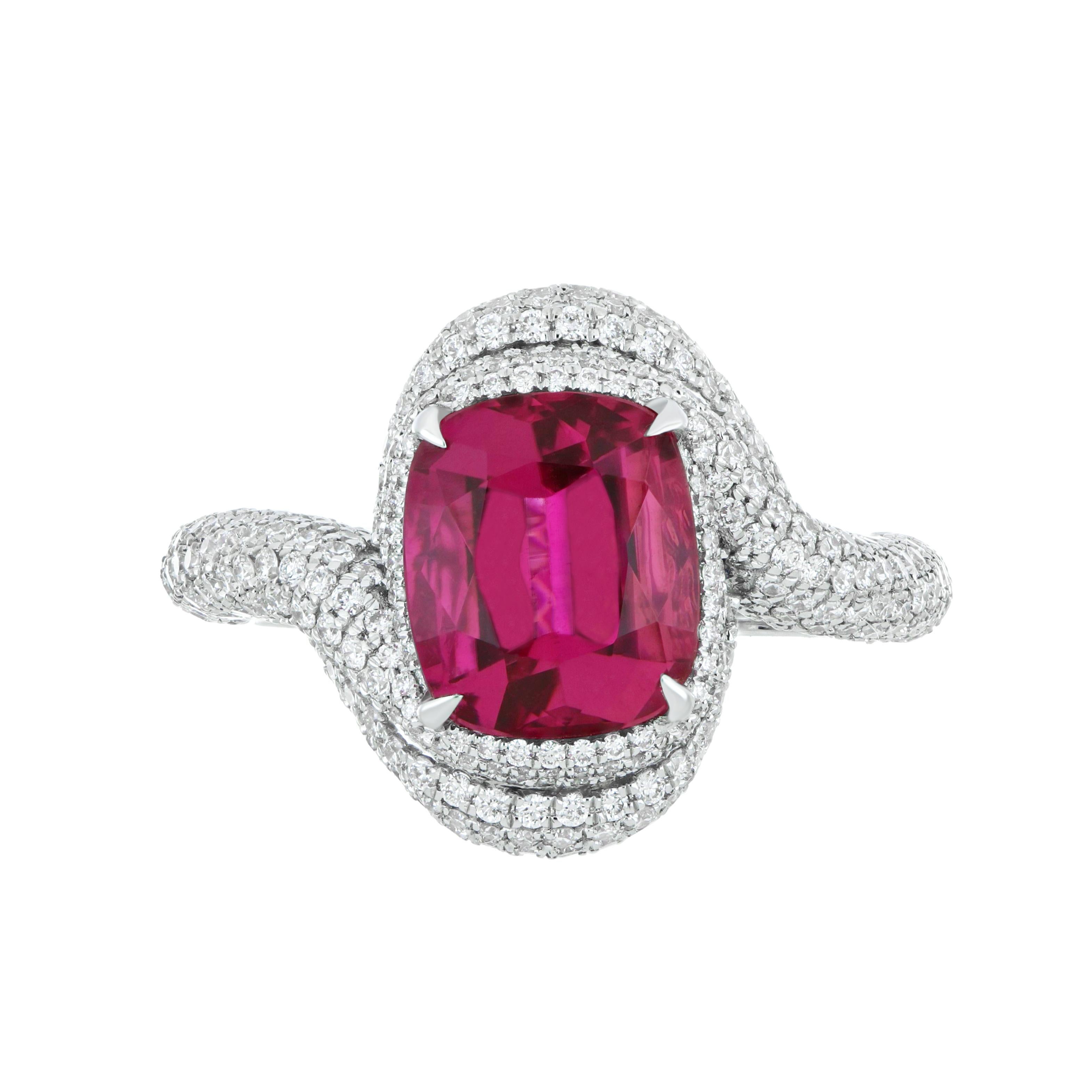 4.05 Carats Rubellite and Diamond Studded Ring in 18K White Gold Ring For Sale 1
