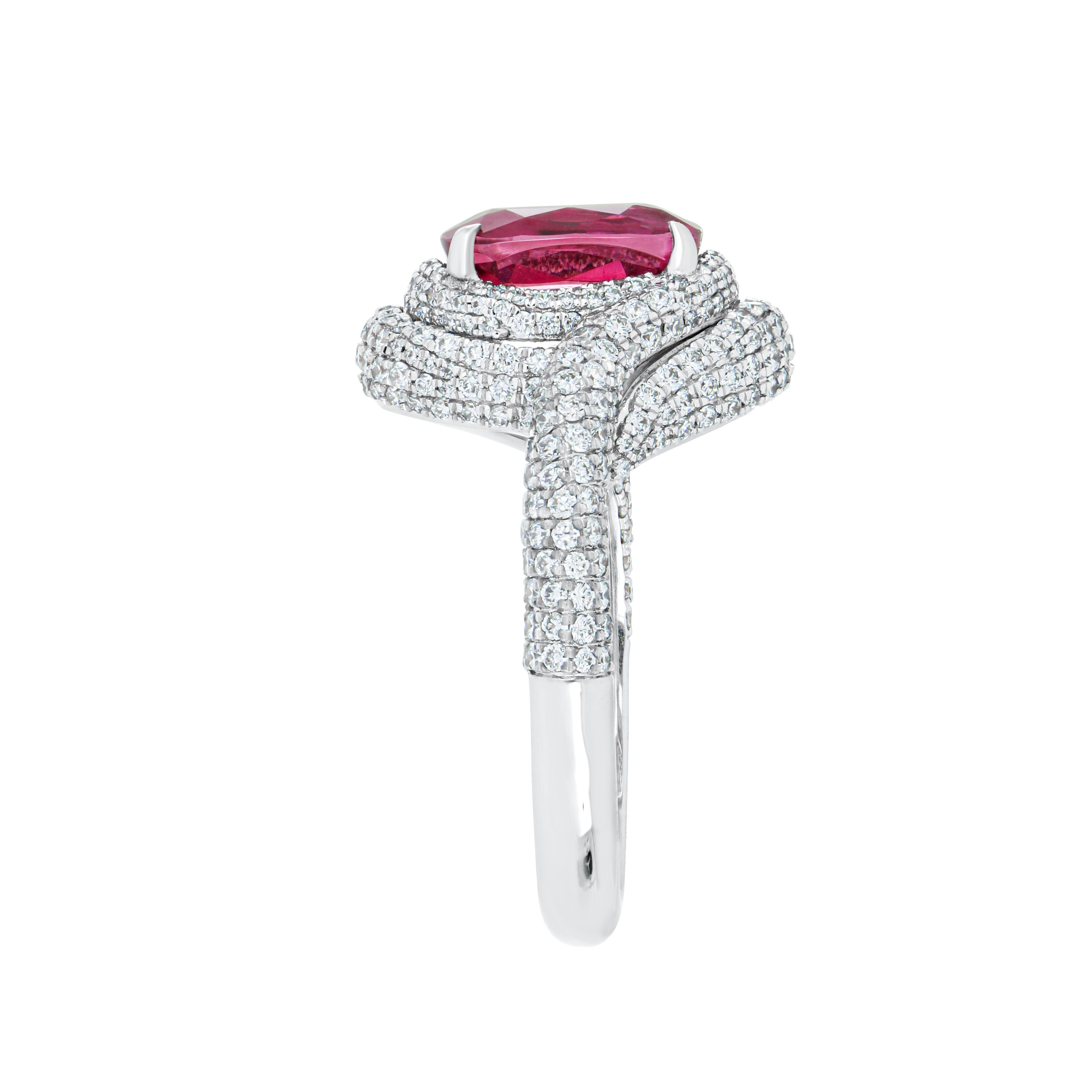 4.05 Carats Rubellite and Diamond Studded Ring in 18K White Gold Ring For Sale 2