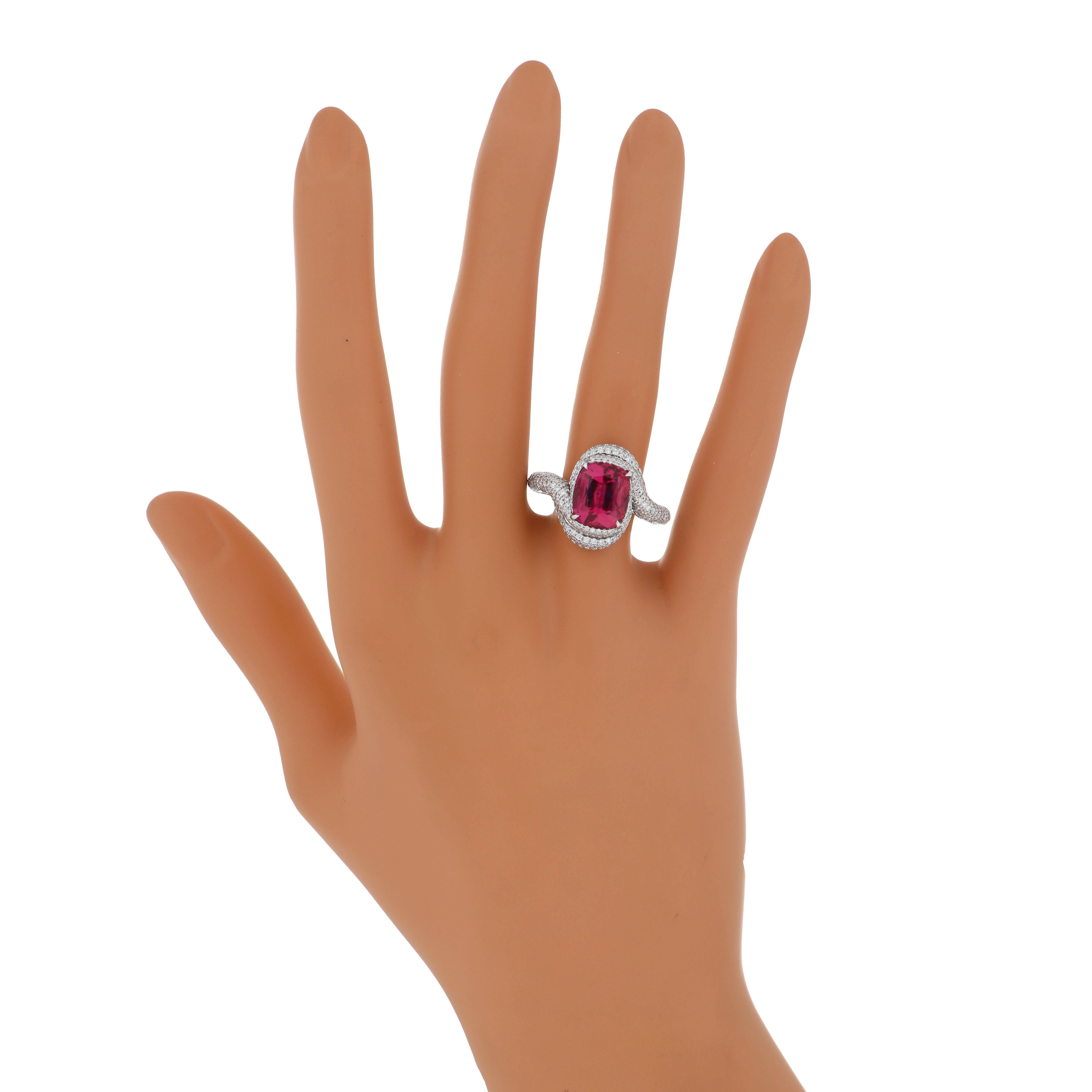 4.05 Carats Rubellite and Diamond Studded Ring in 18K White Gold Ring For Sale 3