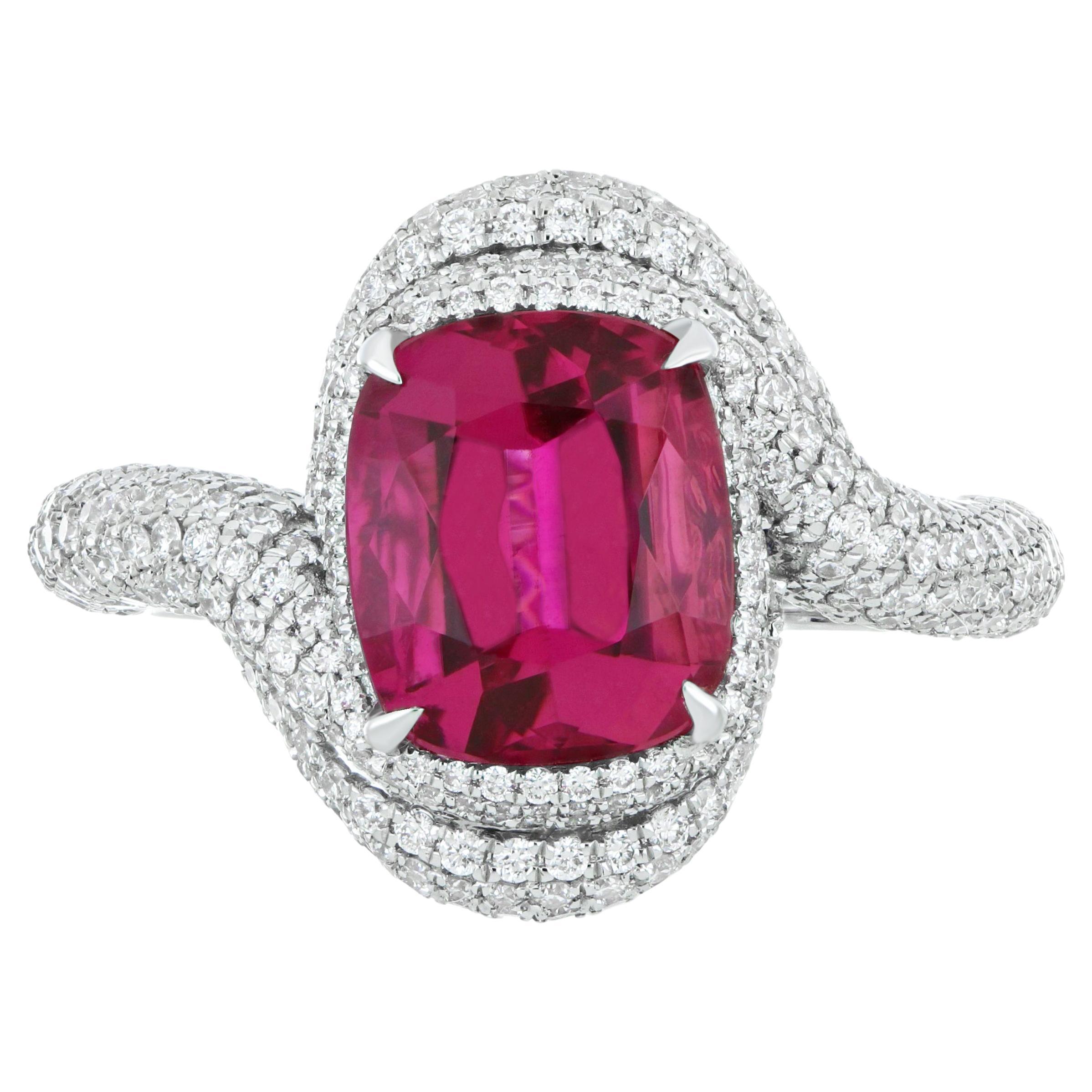 4.05 Carats Rubellite and Diamond Studded Ring in 18K White Gold Ring