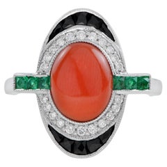 2.4 Ct. Coral Diamond Emerald Onyx Art Deco Style Dinner Ring in 14K White Gold