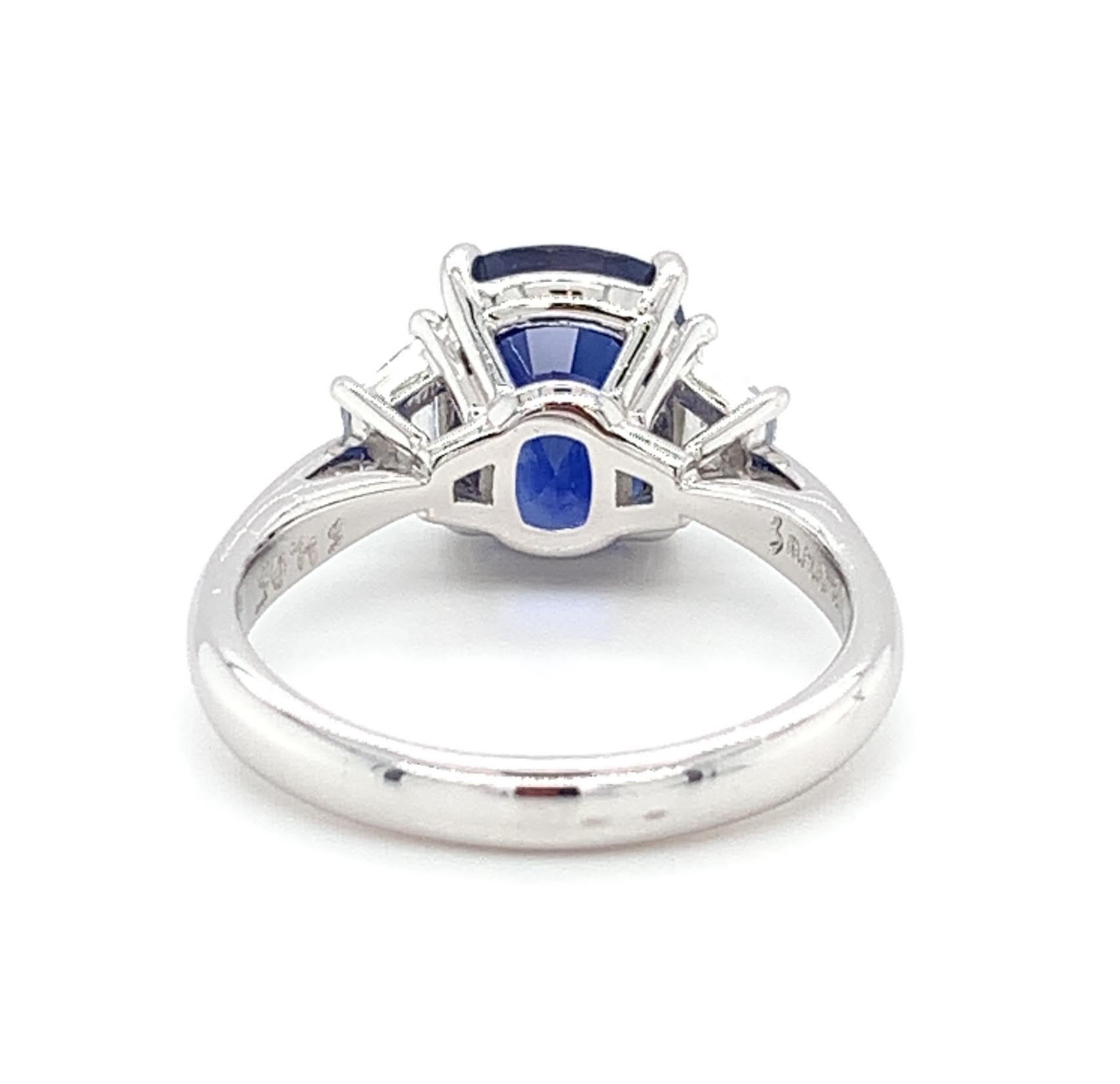 4.05 ct. Unheated Blue Sapphire GIA, Diamond, Platinum 3-Stone Engagement Ring  2