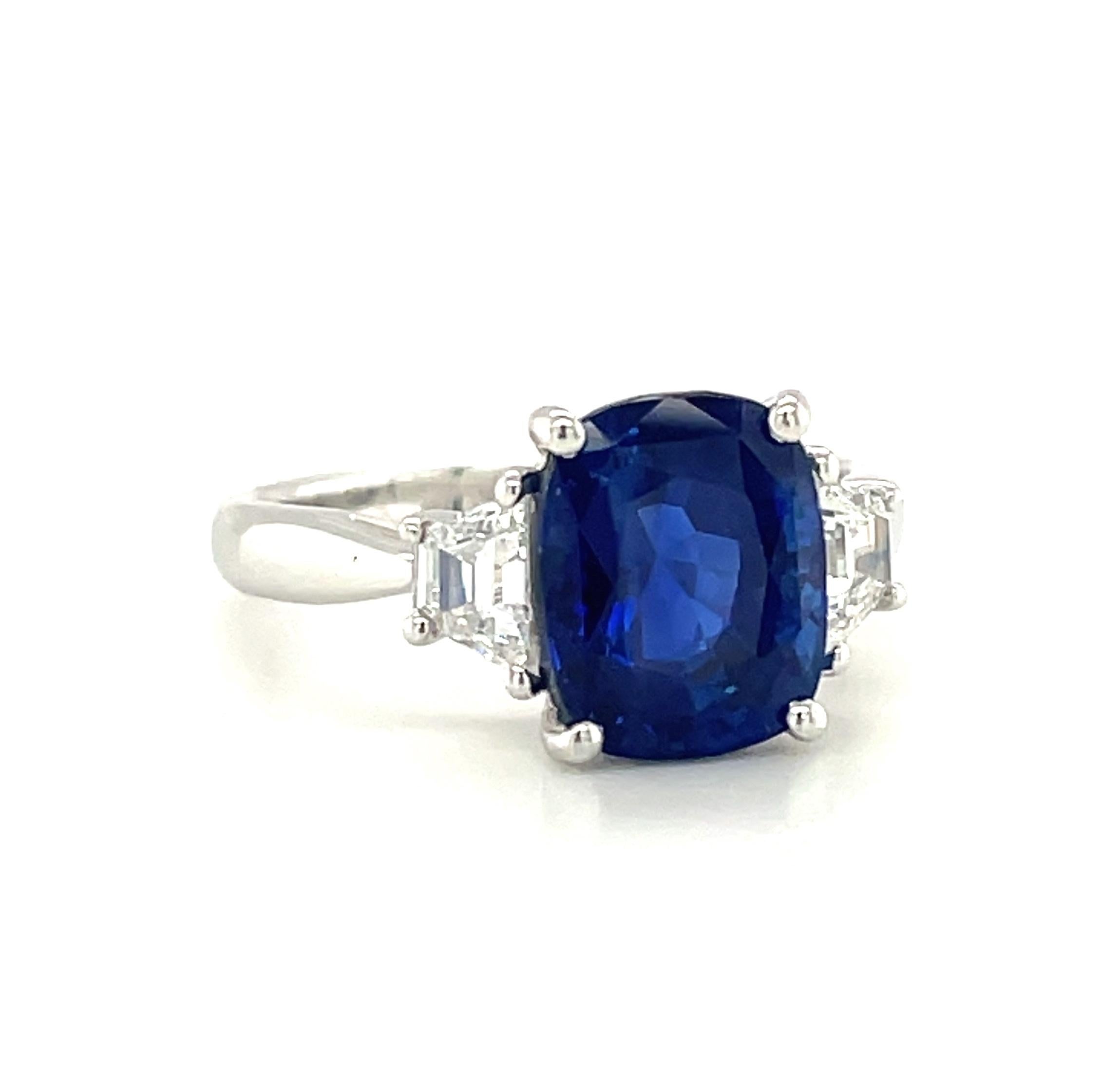 Cushion Cut 4.05 ct. Unheated Blue Sapphire GIA, Diamond, Platinum 3-Stone Engagement Ring 