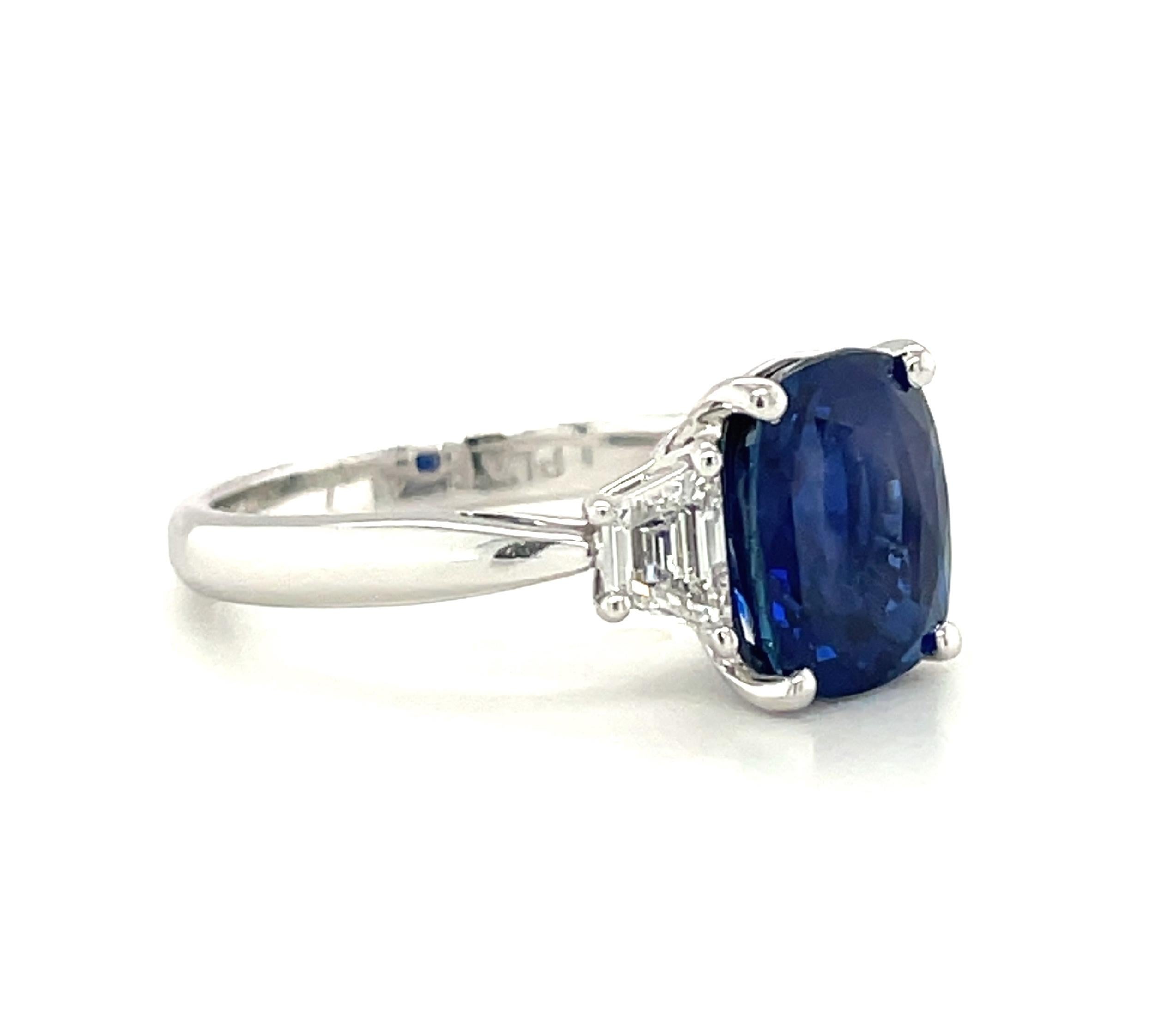 4.05 ct. Unheated Blue Sapphire GIA, Diamond, Platinum 3-Stone Engagement Ring  In New Condition In Los Angeles, CA