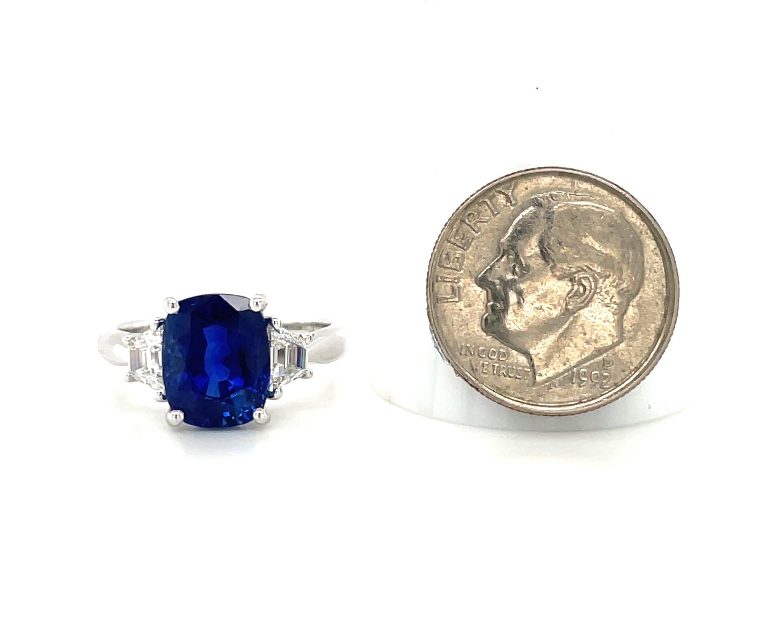 4.05 ct. Unheated Blue Sapphire GIA, Diamond, Platinum 3-Stone Engagement Ring  1