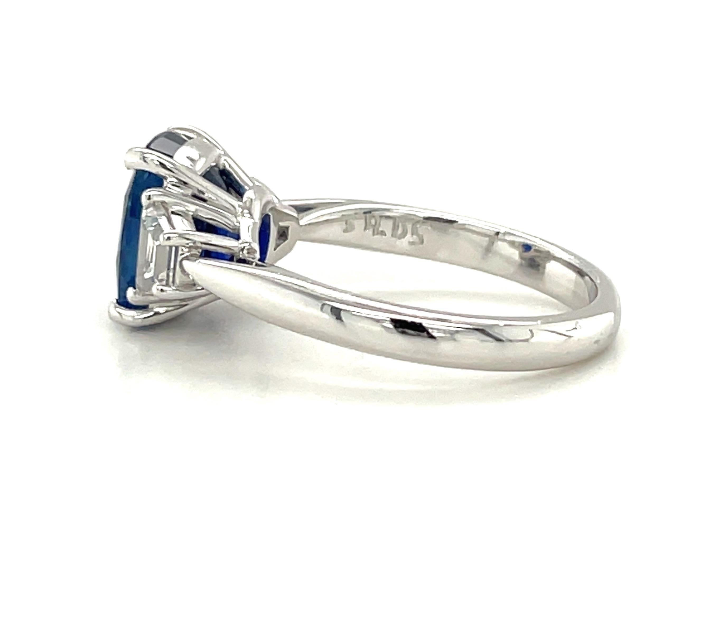 Women's 4.05 ct. Unheated Blue Sapphire GIA, Diamond, Platinum 3-Stone Engagement Ring 