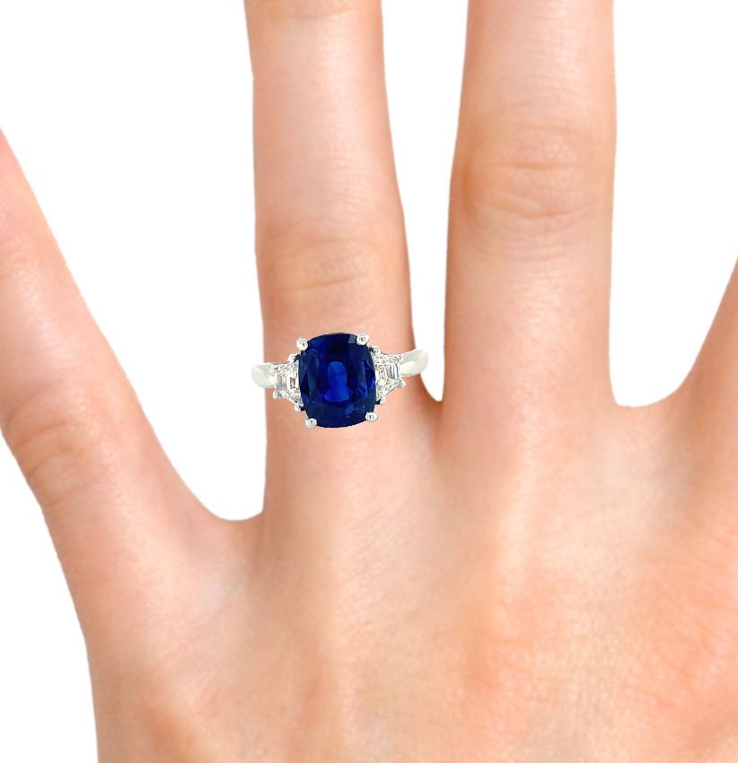 4.05 ct. Unheated Blue Sapphire GIA, Diamond, Platinum 3-Stone Engagement Ring  6