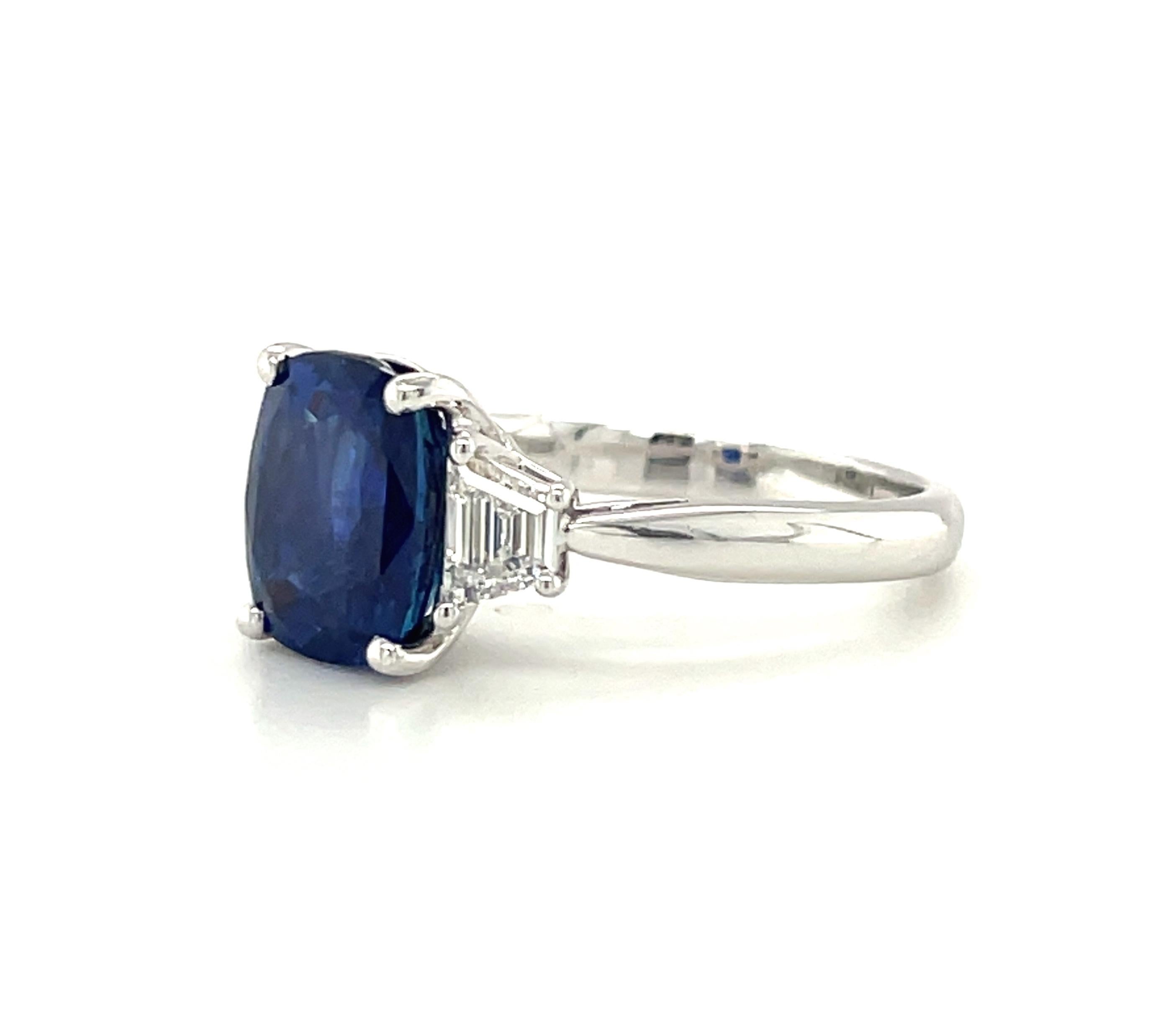 4.05 ct. Unheated Blue Sapphire GIA, Diamond, Platinum 3-Stone Engagement Ring  4