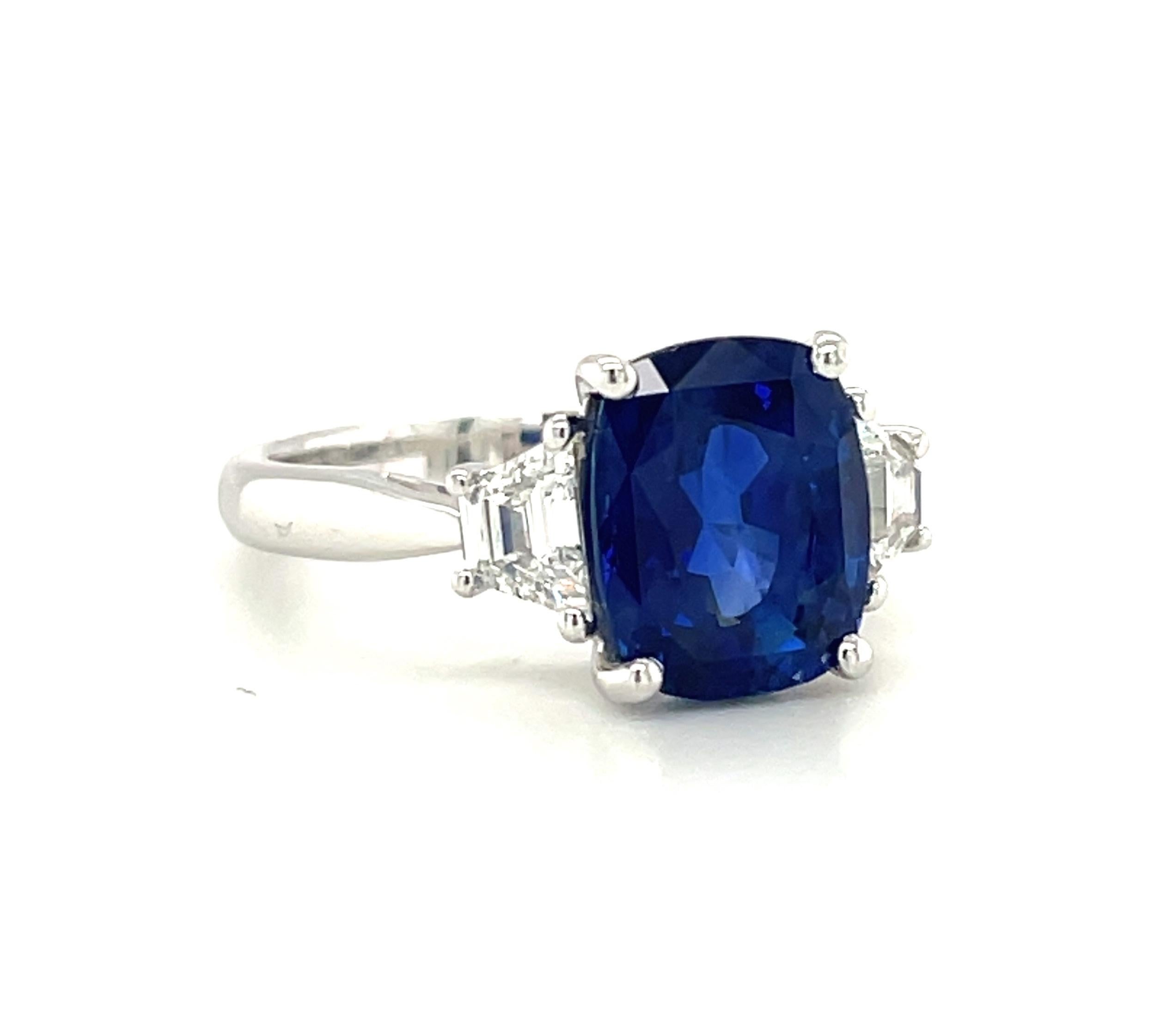 Modern 4.05 ct. Unheated Blue Sapphire GIA, Diamond, Platinum 3-Stone Engagement Ring 