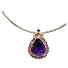 Antique 40.50 Carat Amethyst Necklace with 1.50 Carat Diamond on Snake Chain
