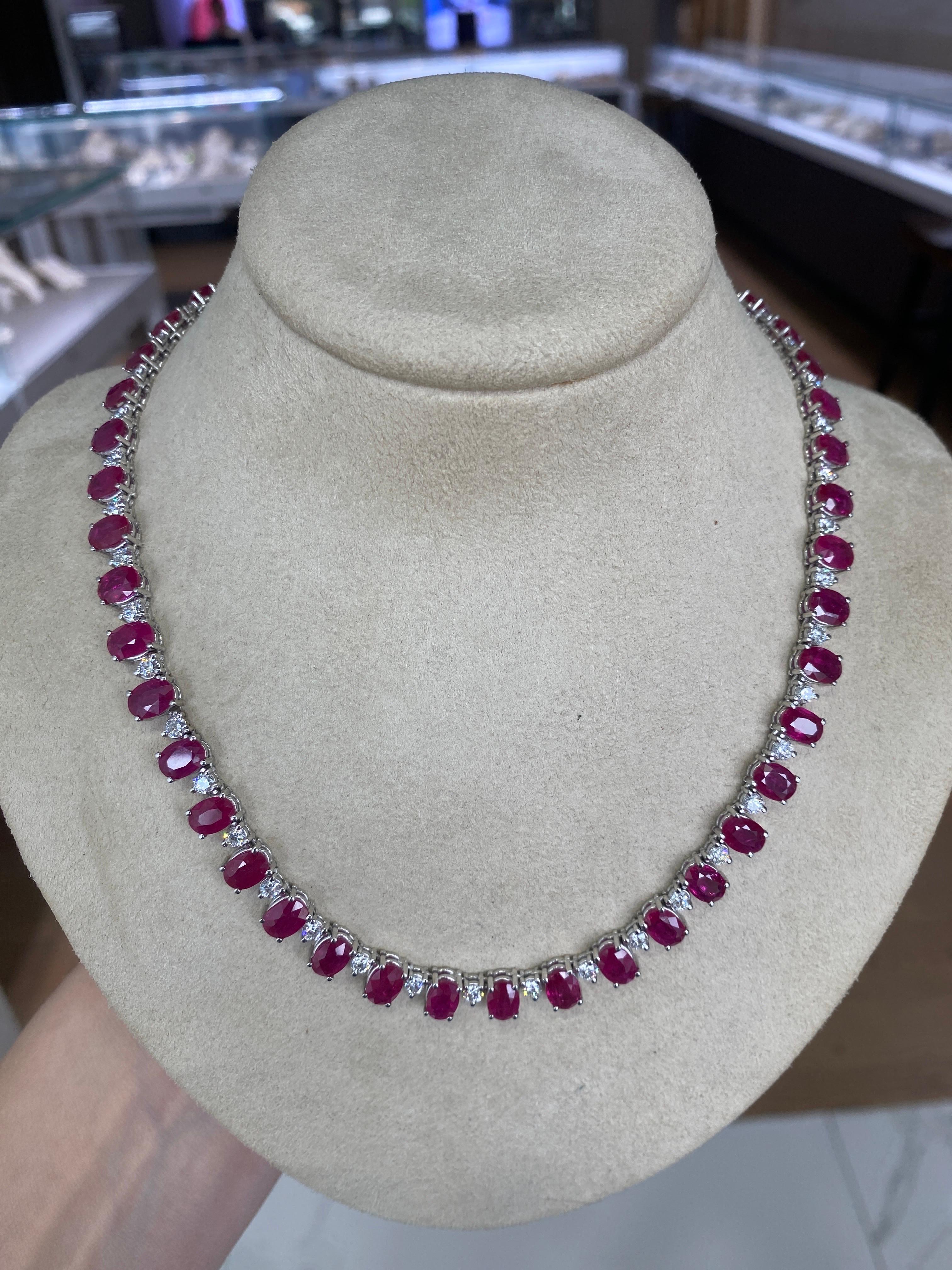 Women's or Men's 40.50ctw Natural Oval Cut Ruby & 5.20ctw Round Diamond Cocktail Necklace