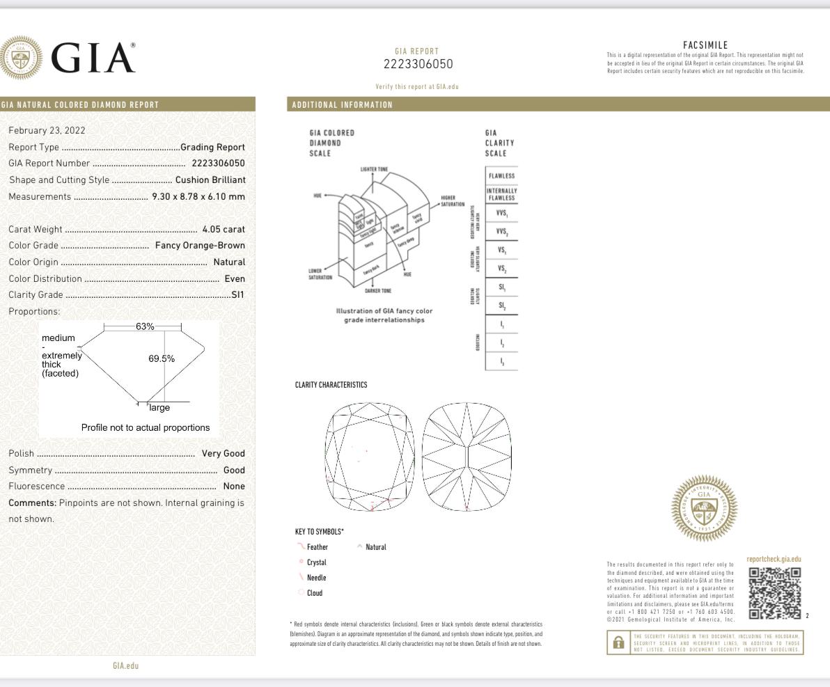 A 4.05-carat antique cushion cut Cognac diamond is a rare and striking gemstone with a unique blend of vintage and contemporary appeal. Here’s what makes it special:

1. **Size and Cut**: At 4.05 carats, this diamond has a substantial presence. The