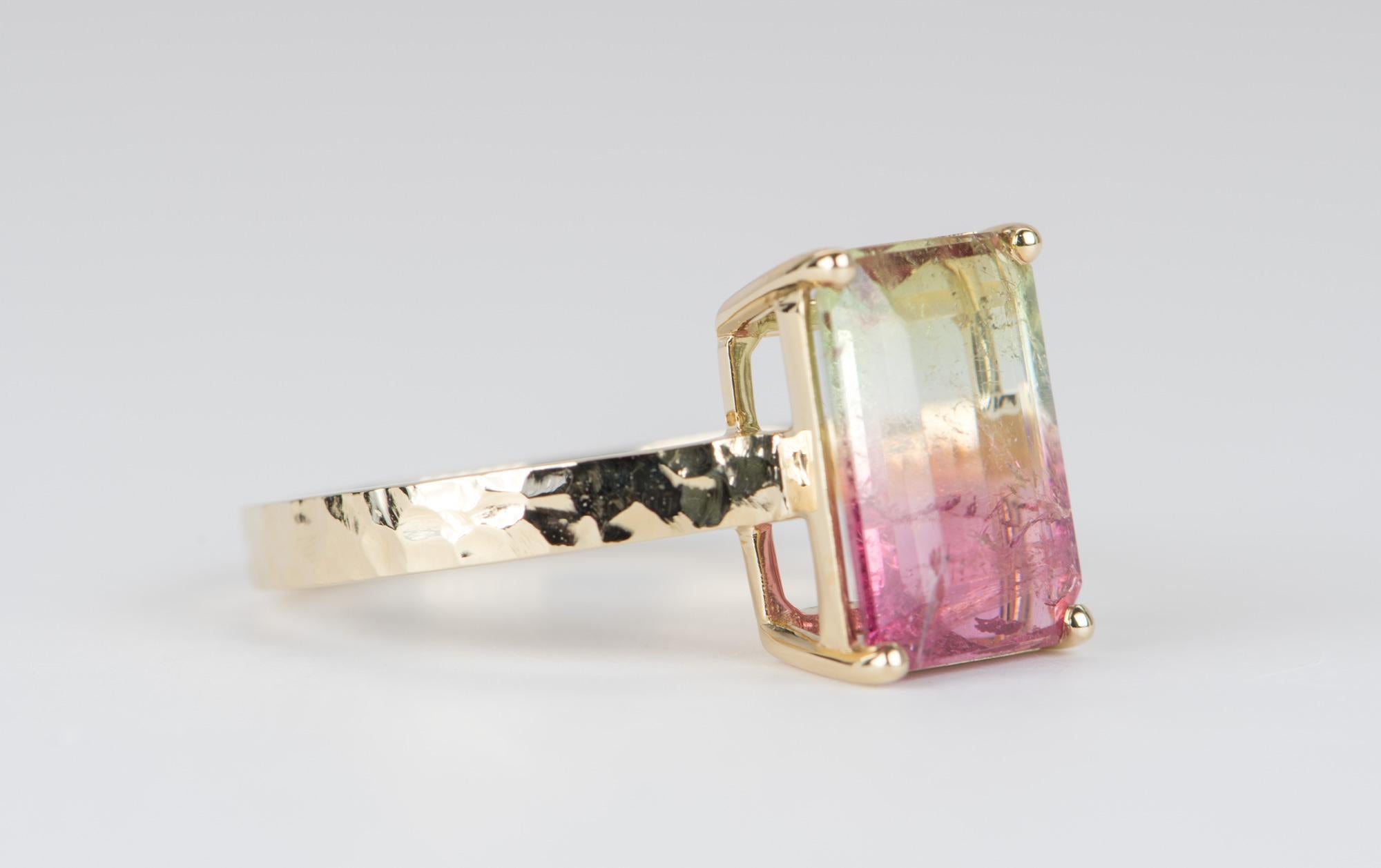 ♥  A solid 14K yellow gold ring set with a large bi-color watermelon tourmaline in the center, set on a hammered texture band
♥ This is a stunning statement ring! The tourmaline has a vibrant mix of pink, yellow, and green colors.
♥  The overall
