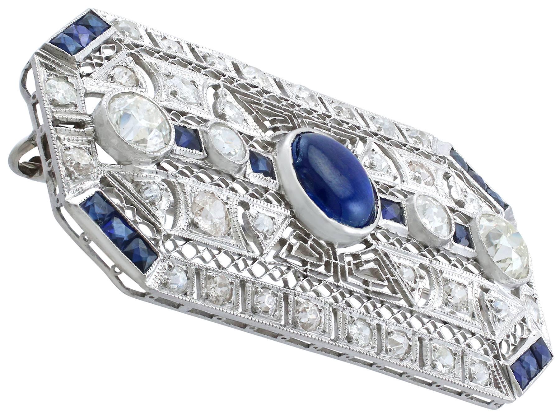 Women's or Men's 4.05 Carat Diamond and 4.20 Carat Sapphire, Platinum Brooch, Art Deco Style