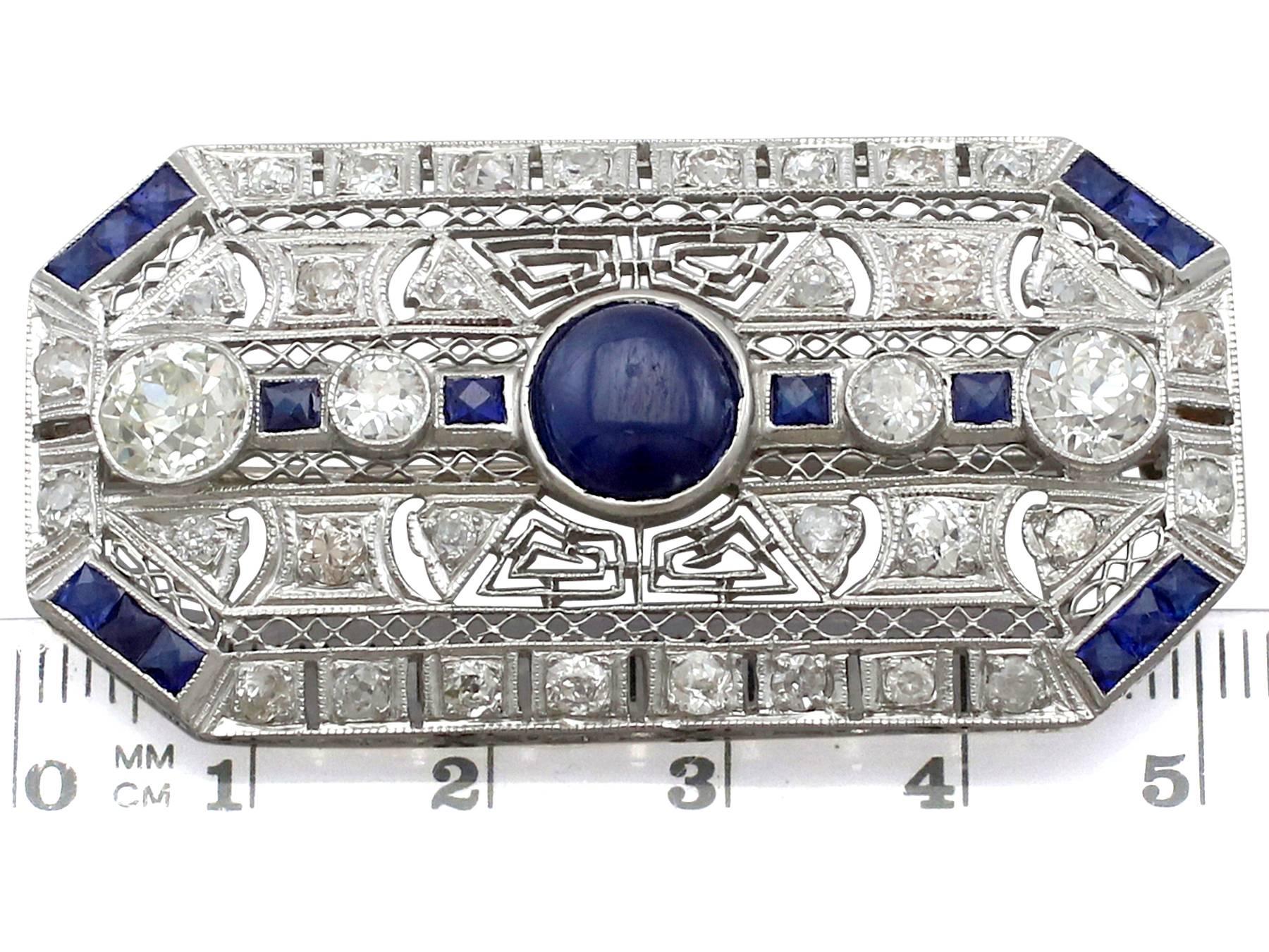 4.05 Carat Diamond and 4.20 Carat Sapphire, Platinum Brooch, Art Deco Style 3