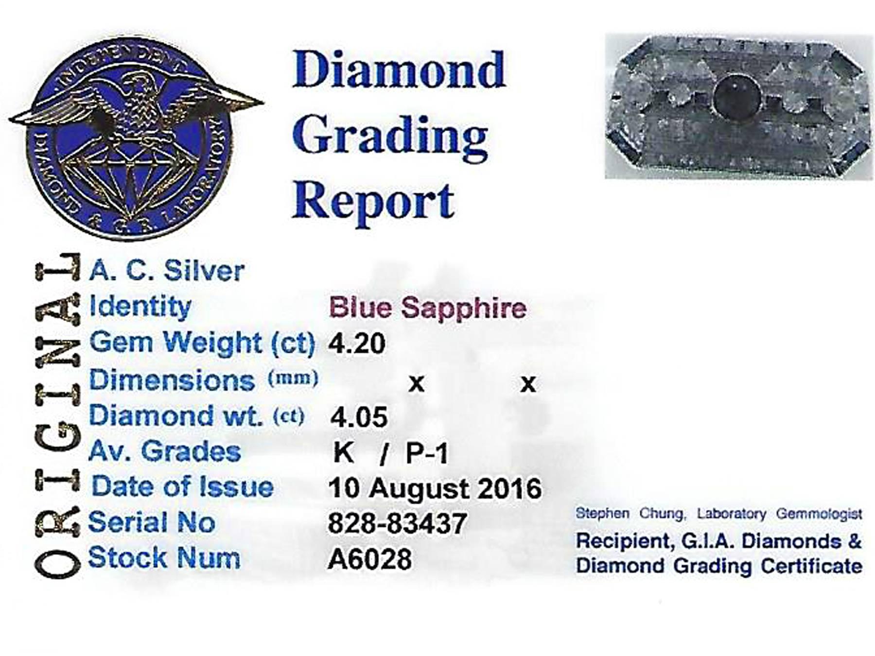 4.05 Carat Diamond and 4.20 Carat Sapphire, Platinum Brooch, Art Deco Style 4