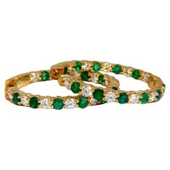 4.05ct Natural Emerald Diamonds Hoop Earrings 14kt Yellow Gold Inside Out