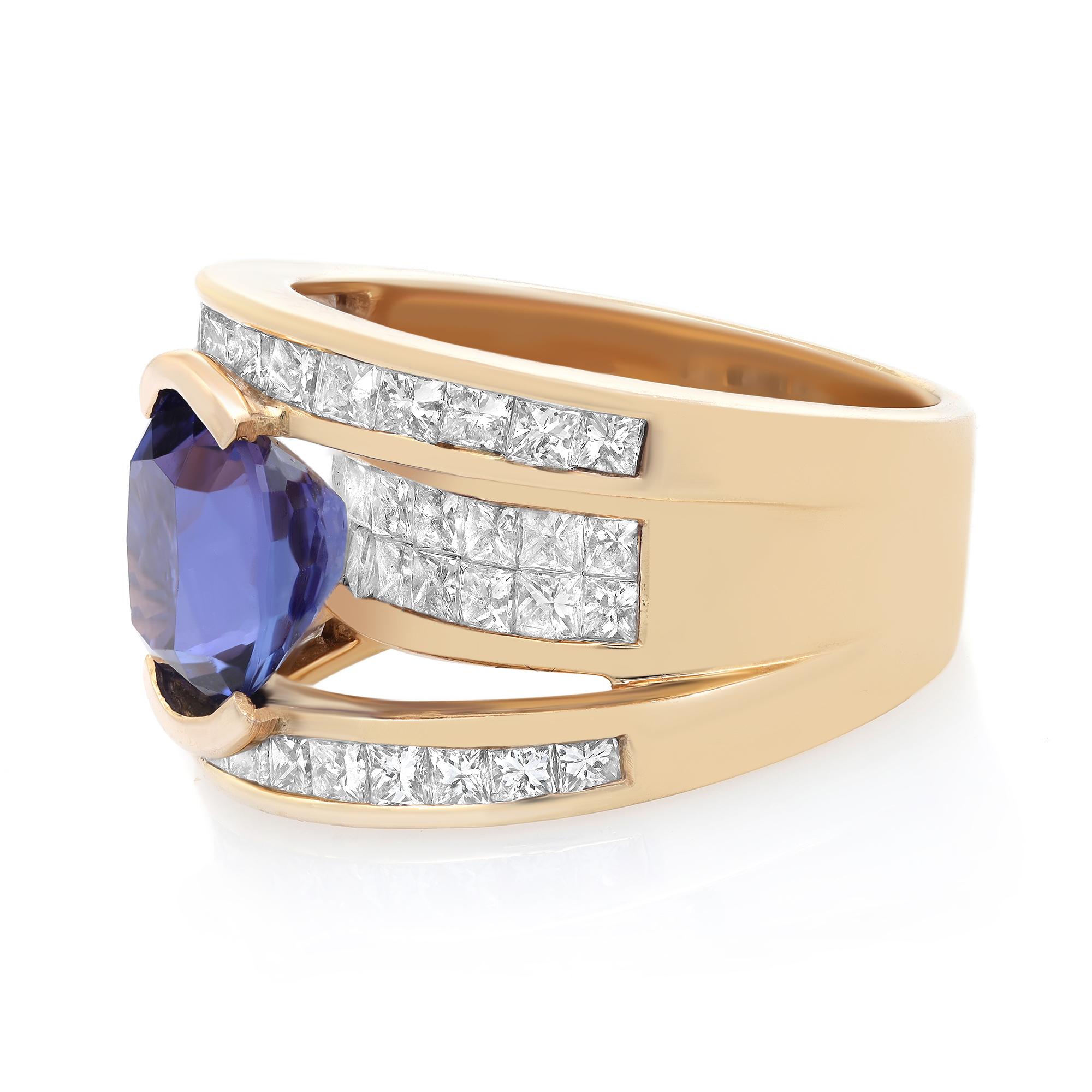 Oval Cut 4.05cts Oval Tanzanite & 3.35Cts Diamond Cocktail Ring 14K Yellow Gold For Sale