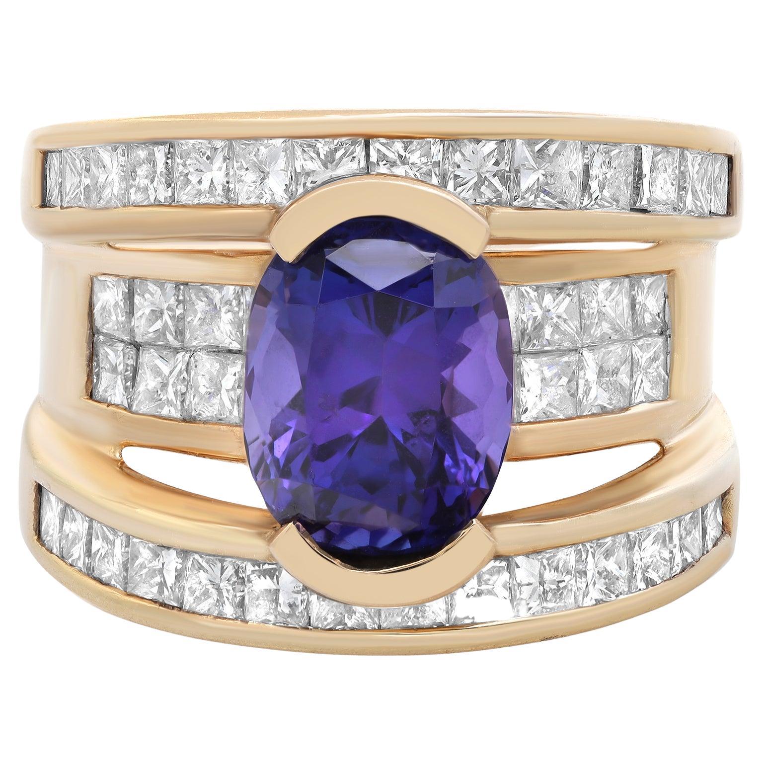 4.05cts Oval Tanzanite & 3.35Cts Diamond Cocktail Ring 14K Yellow Gold