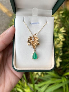 4.05tcw Colombian Emerald Vintage Maple Leaf Pendant Emerald Diamond Anniversary