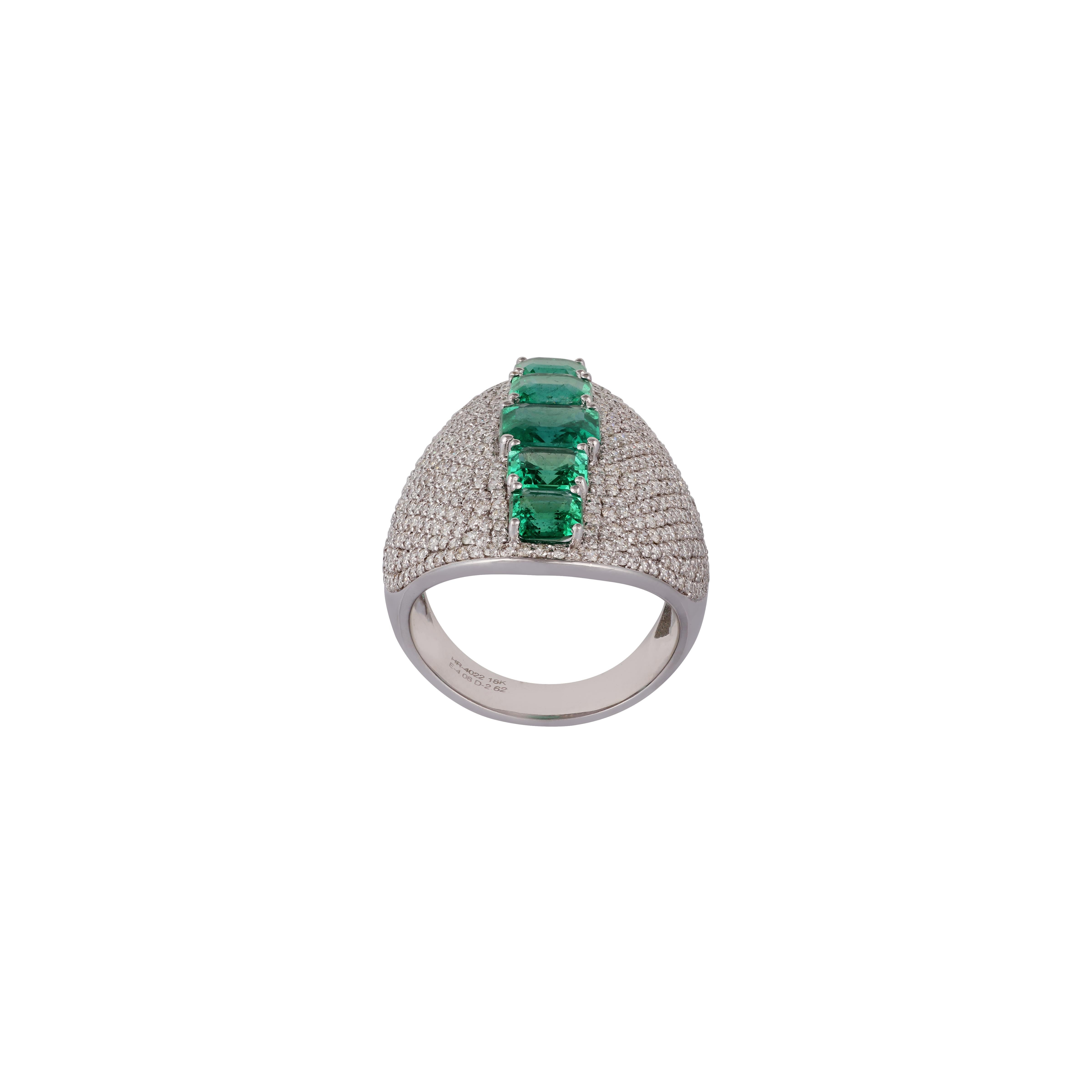 Modernist 4.06 Carat Emerald & Diamond Cocktail Ring Set in White Gold For Sale