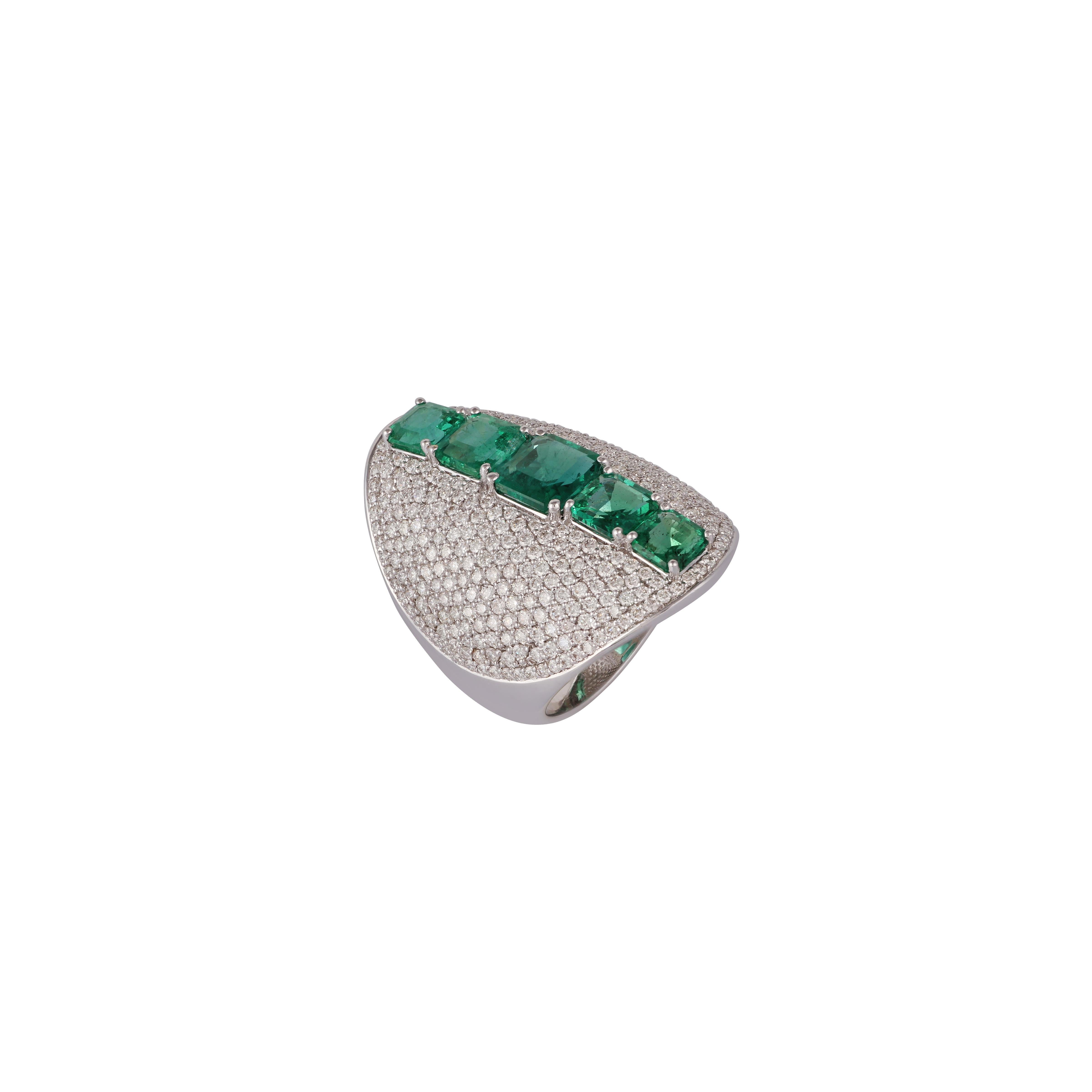 Octagon Cut 4.06 Carat Emerald & Diamond Cocktail Ring Set in White Gold For Sale