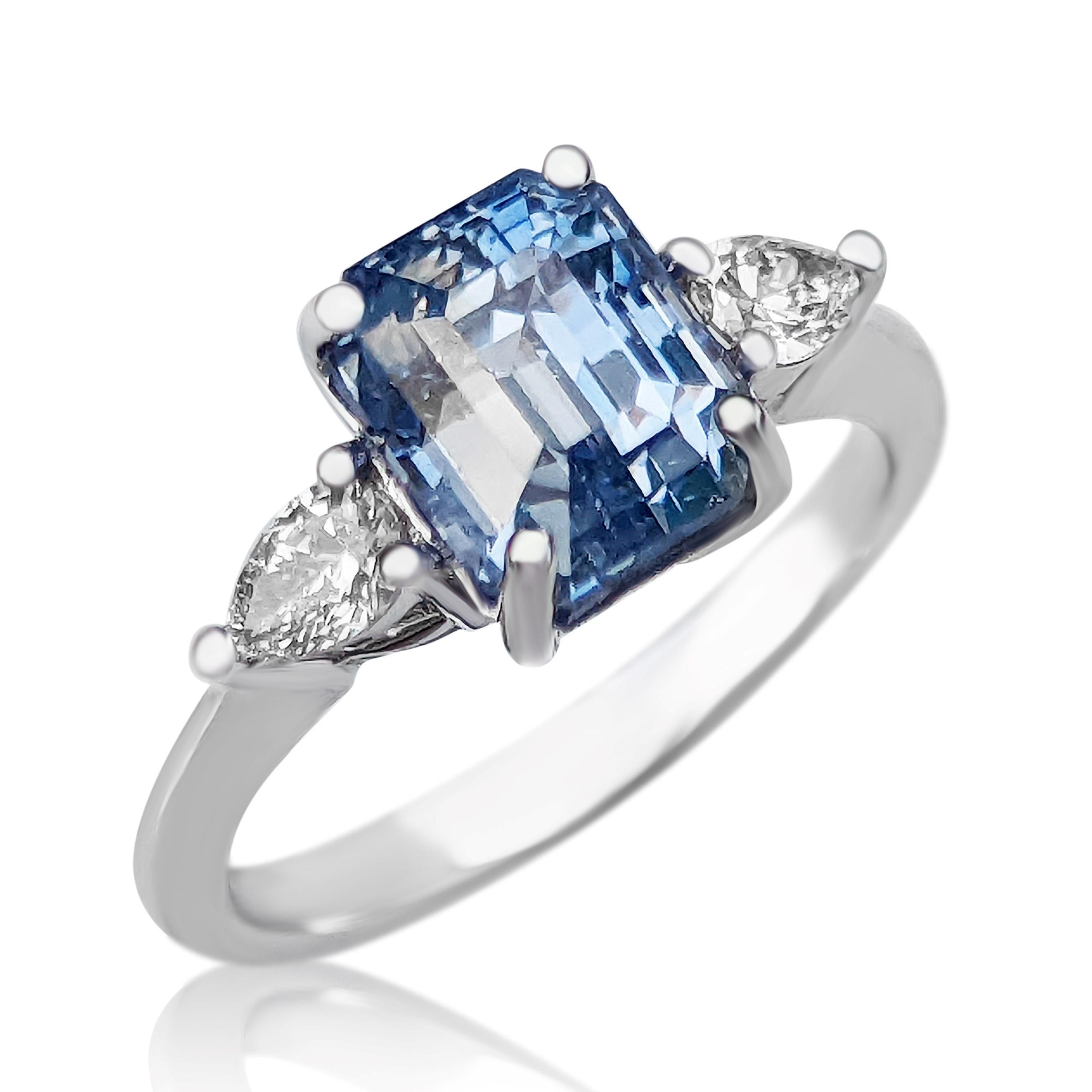 Ring can be sized free of charge prior to shipping out.    

Center Natural Sapphire
Weight: 4.06 ct
Color: Blue
Shape: Emerald Cut

Side Stones:
0.30 cttw D-F VS Natural Diamonds

Item ships from Israeli Diamonds Exchange, customers are responsible