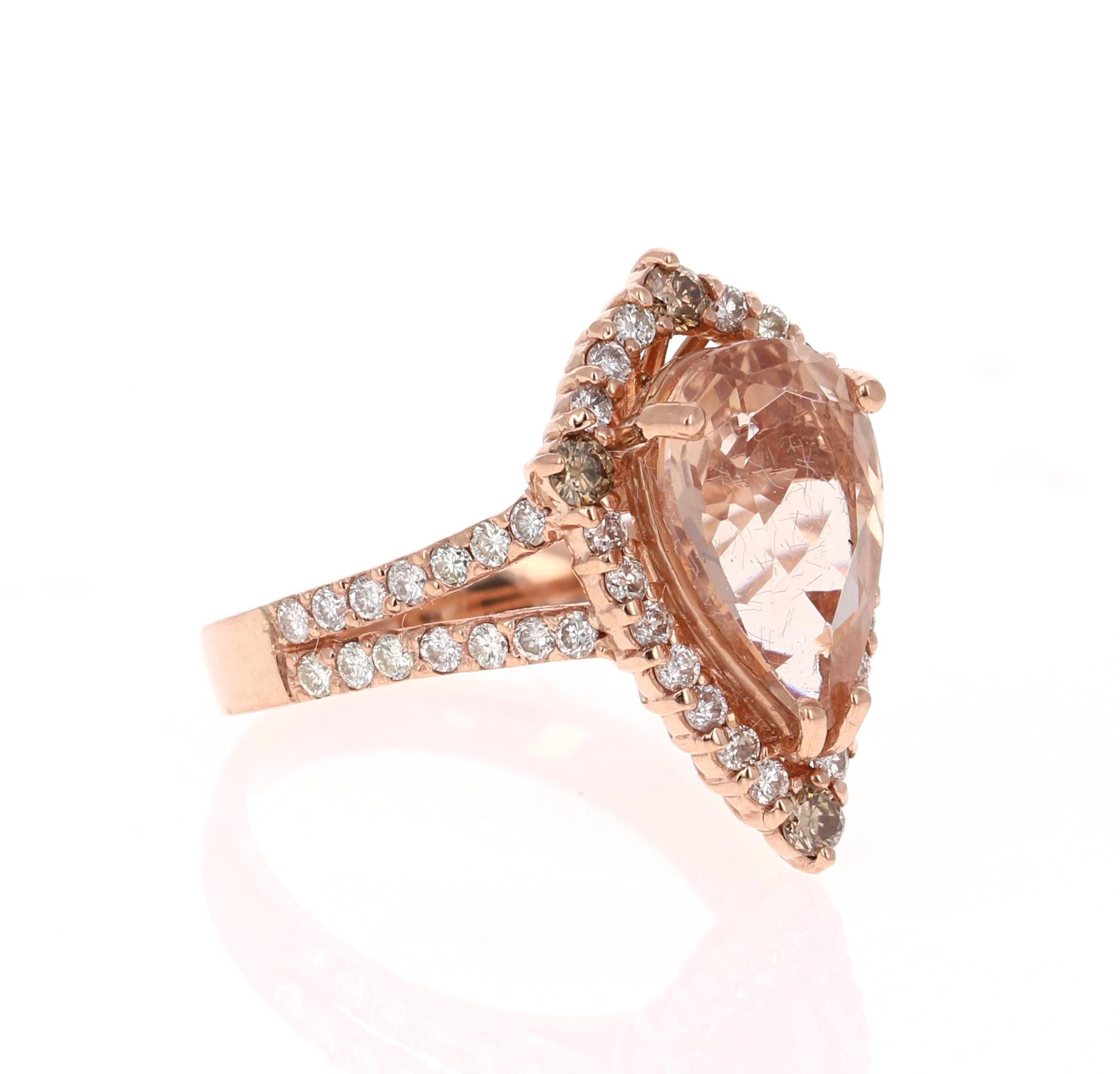 Gorgeous and Unique Morganite Diamond Ring! 

This Morganite ring has a gorgeous 3.25 Carat Pear Cut Morganite and is surrounded by 48 Round Cut Diamonds that weigh 0.65 Carats and 4 Champagne Round Cut Diamonds that weigh 0.16 Carats. The diamonds