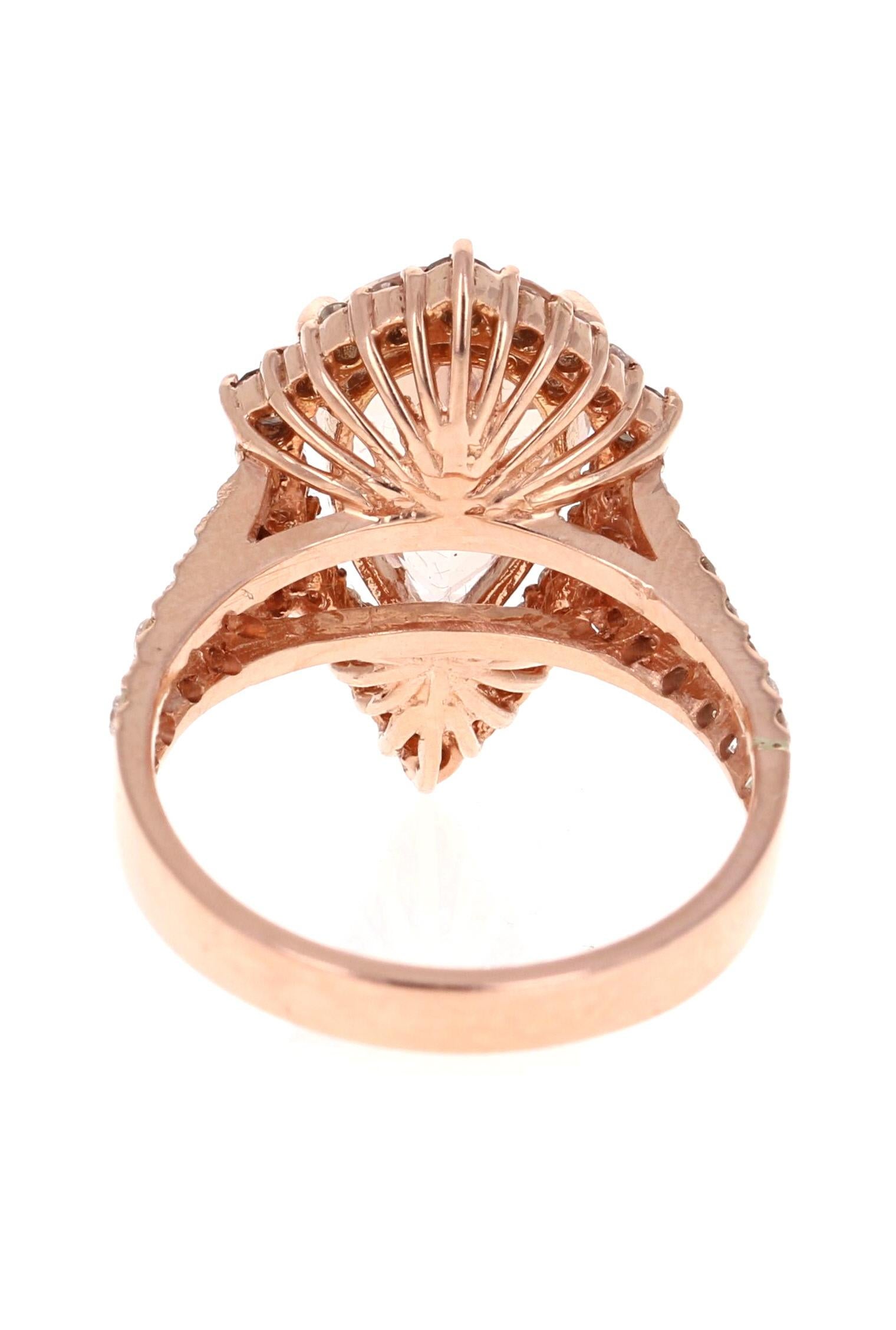 Pear Cut 4.06 Carat Morganite Diamond 18 Karat Rose Gold Cocktail Ring