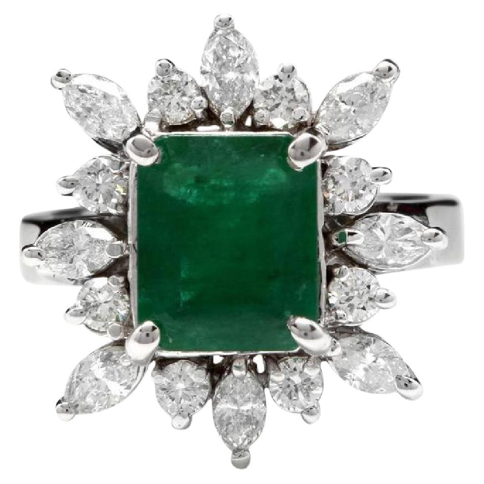 Ring aus 14 Karat massivem Weißgold mit 4,06 Karat natürlichem Smaragd und Diamant
