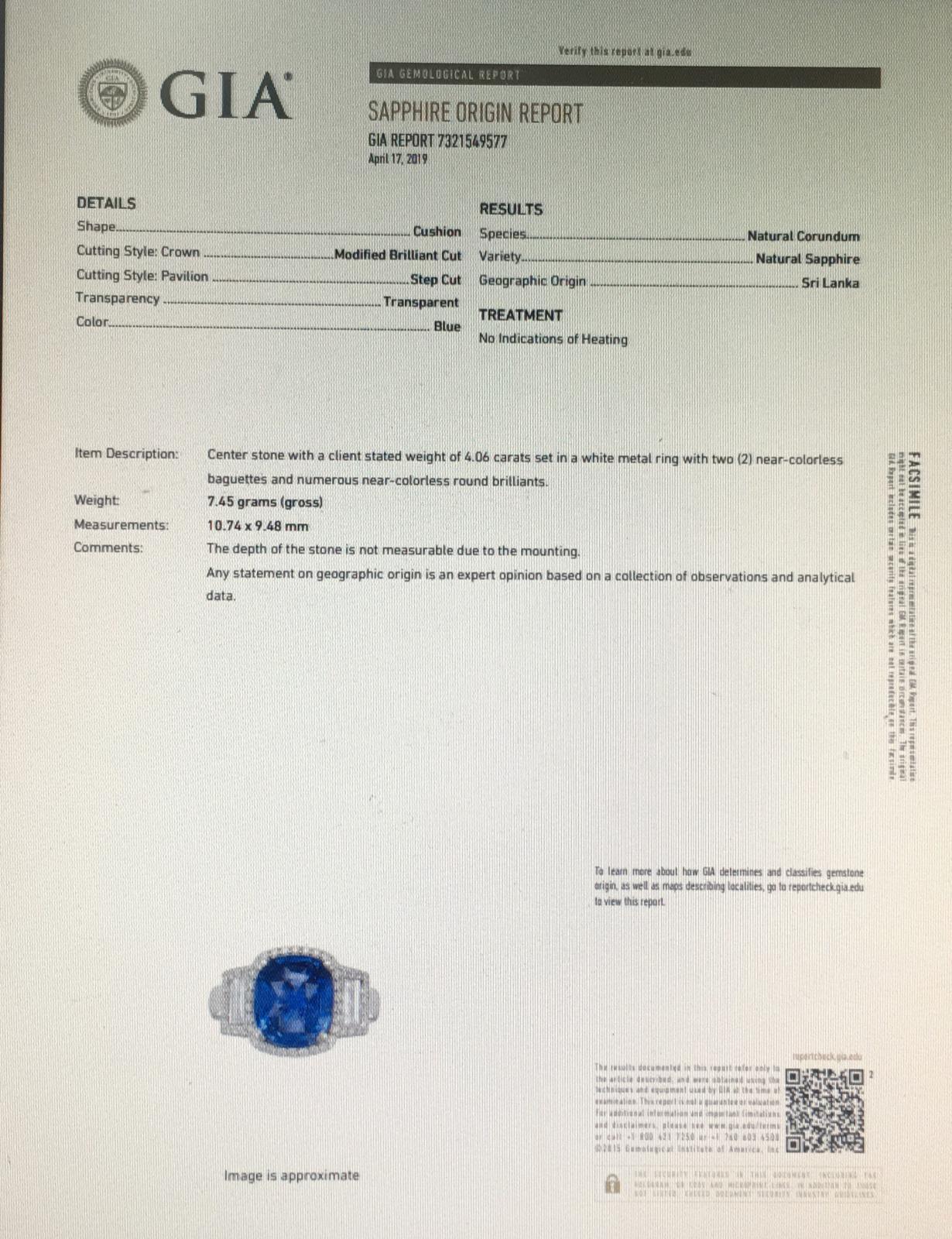 4.06 Carat Sri Lanka Sapphire GIA Certified Sri Lanka Ceylon Ring Cushion Cut In New Condition In Hong Kong, Hong Kong