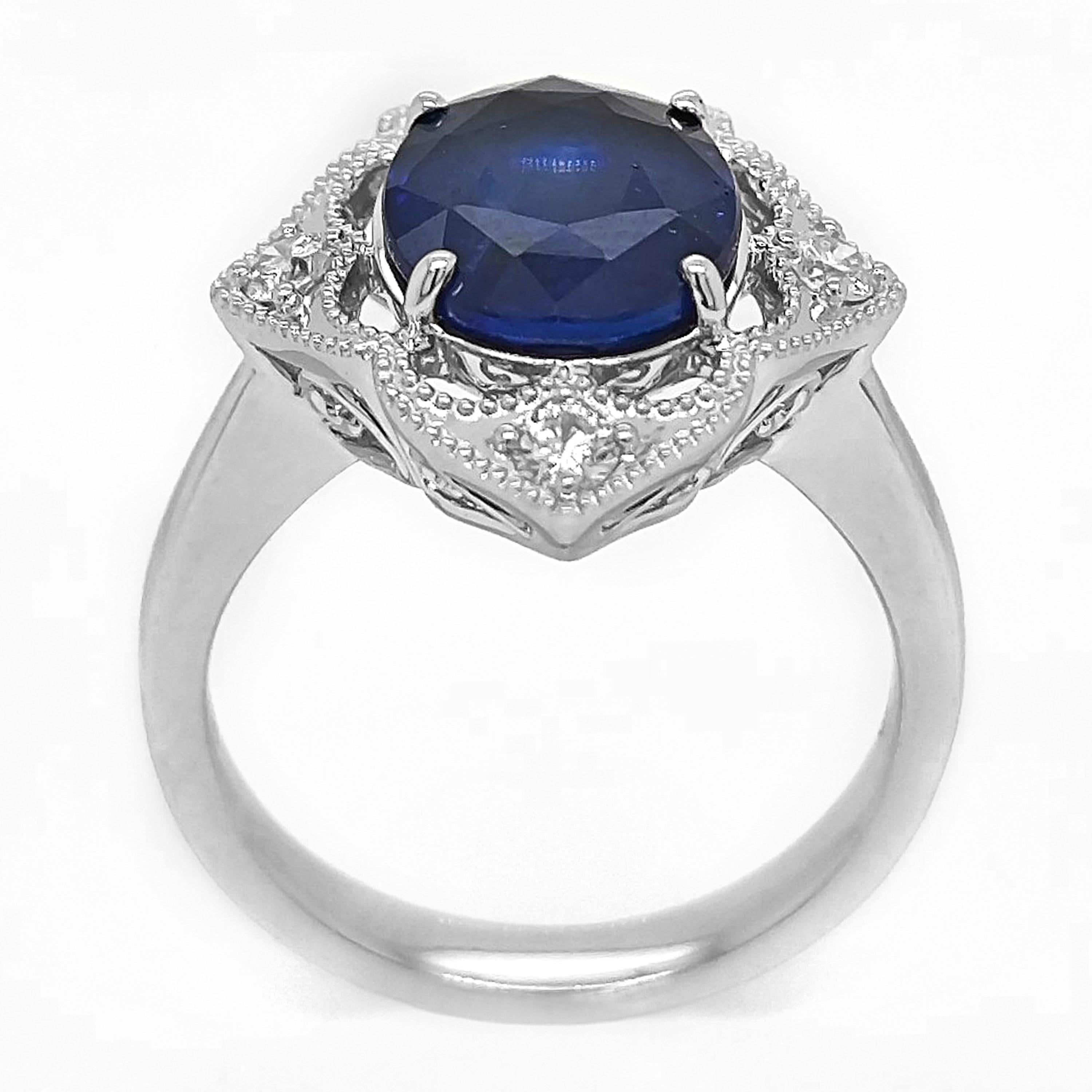 Antique Cushion Cut 4.06 Carat Sapphire and Diamond White Gold Ring For Sale