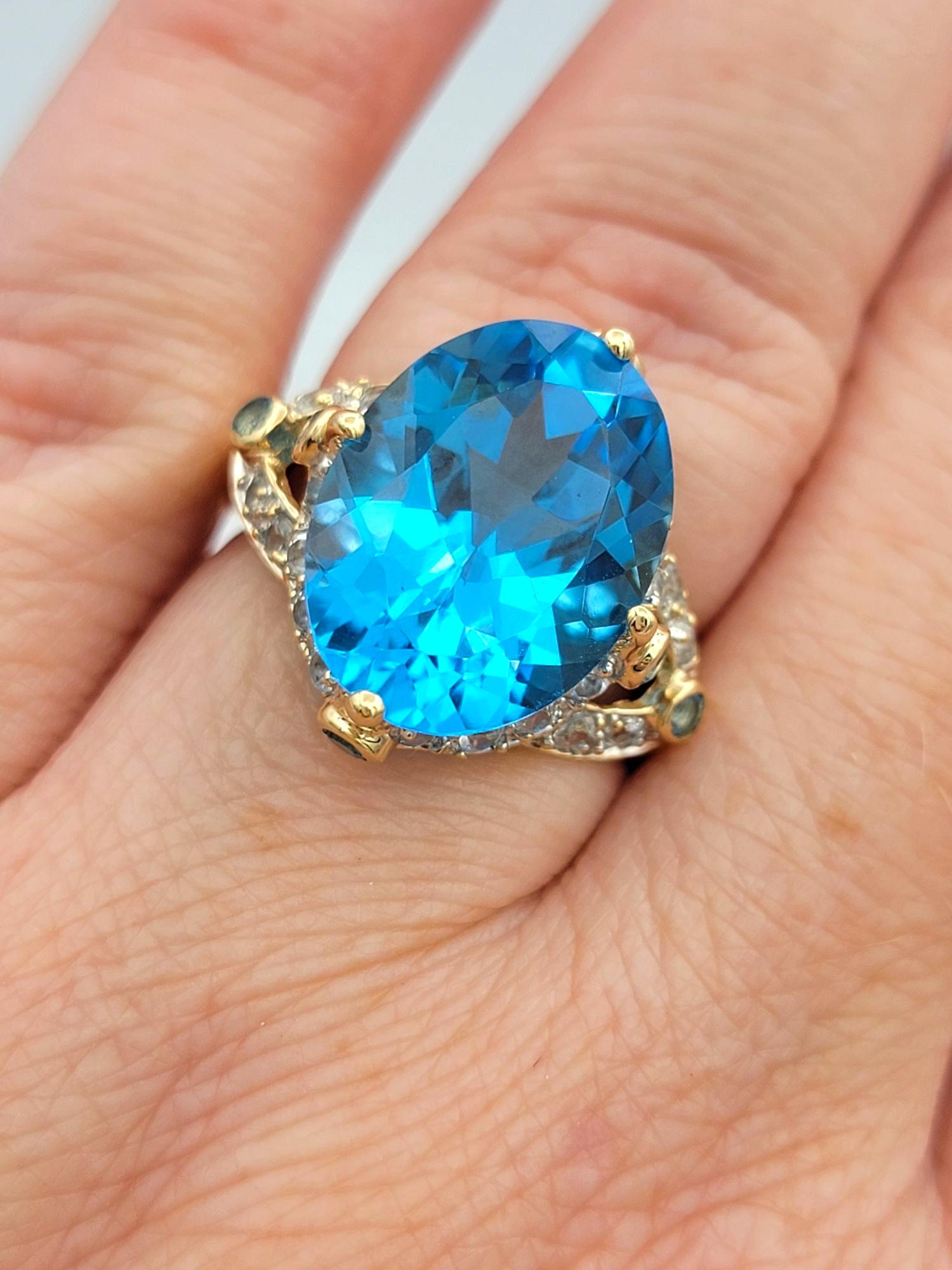 4.06 Carat Swiss Blue Topaz Cocktail Ring with White Topaz 14 Karat Yellow Gold For Sale 3